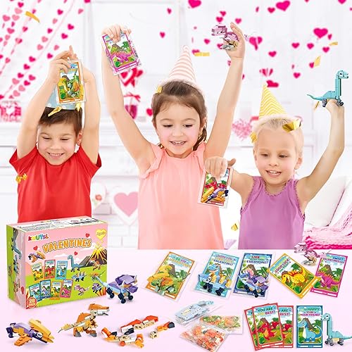 Miniatura 5 de Tarjetas del día de San Valentín para niños, 28 paquetes de bloques de construcción de dinosaurios con tarjetas de San Valentín para niños, juego de