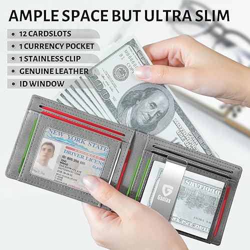 Miniatura 9 de GSOIAX Billeteras para hombre con bloqueo RFID, delgadas y plegables para hombre, minimalista, cuero auténtico, fibra de carbono, clip para dinero