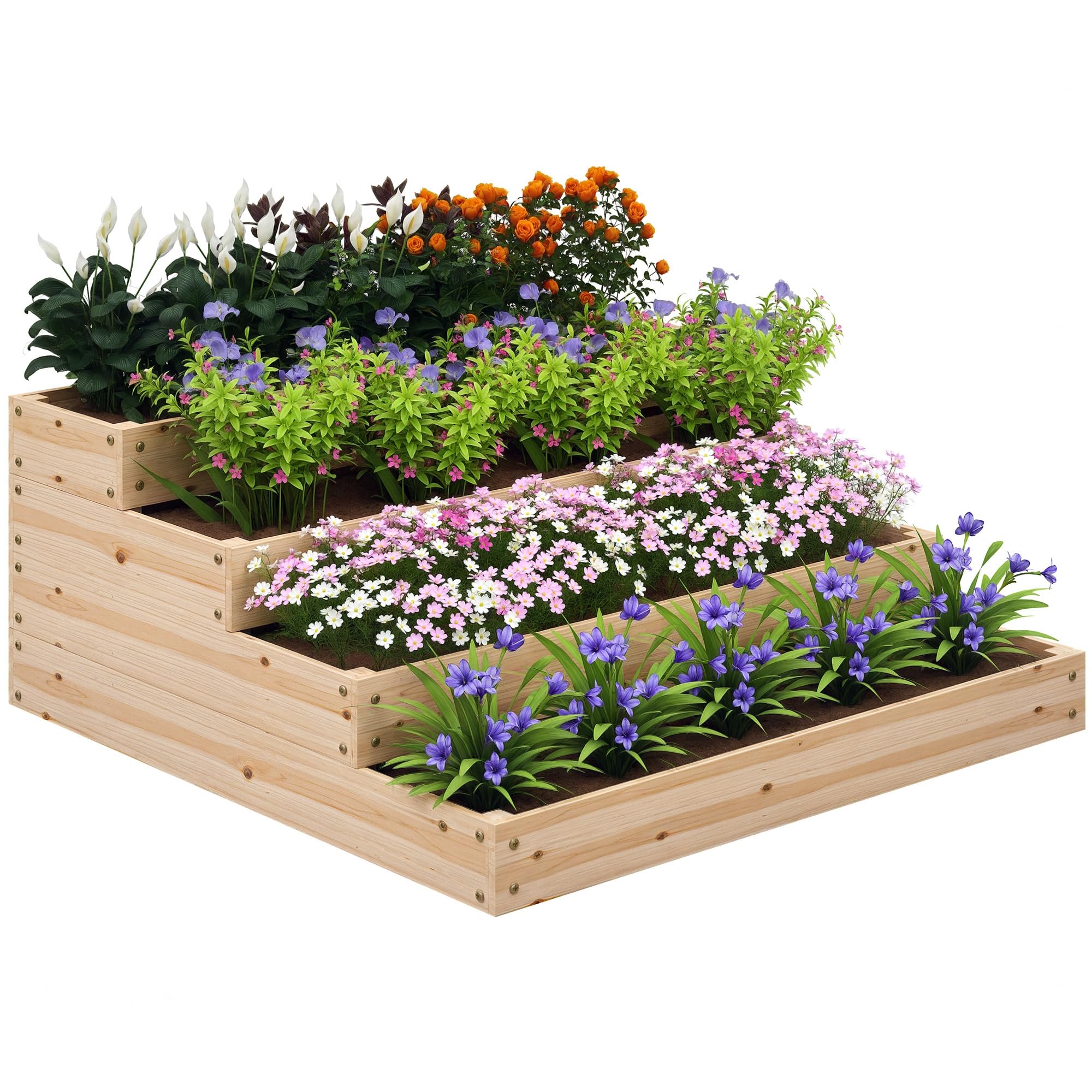 Outsunny Carré Potager de Jardin, jardinière en Bois Massif, lit de Jardin surélevé, sans Fond, 4 étages, pour Herbes légumes Fruits Fleurs, 113 x 113 x 46 cm, Bois Naturel