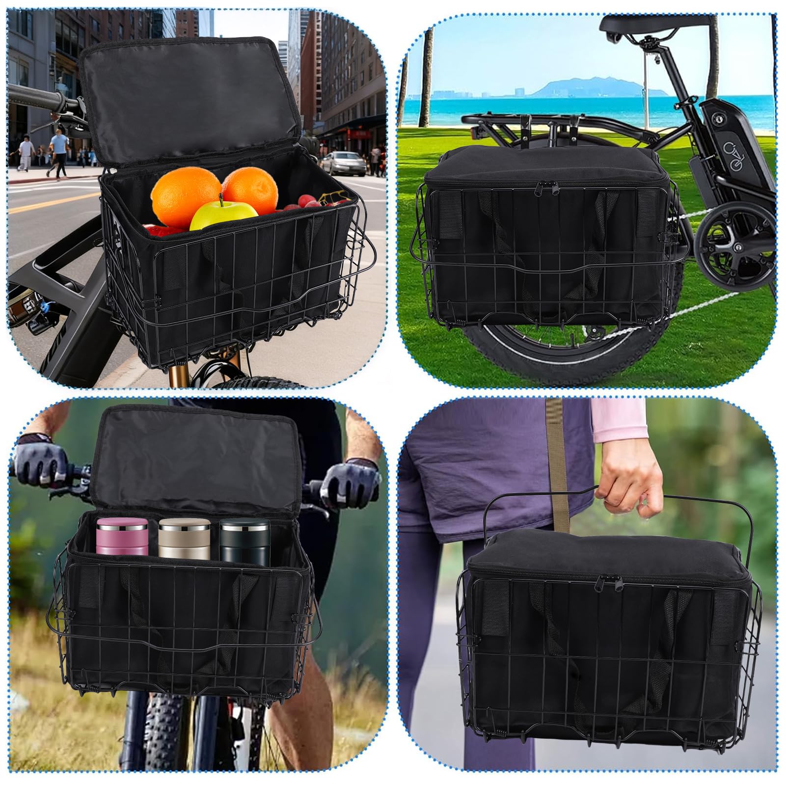 Przedni Koszyk Rowerowy z Szybkozłączem i wewnętrzną torbą. Praktyczny i Trwały design. Uniwersalny Pasujący do Rowerów szosowych. Metalowy Czarny