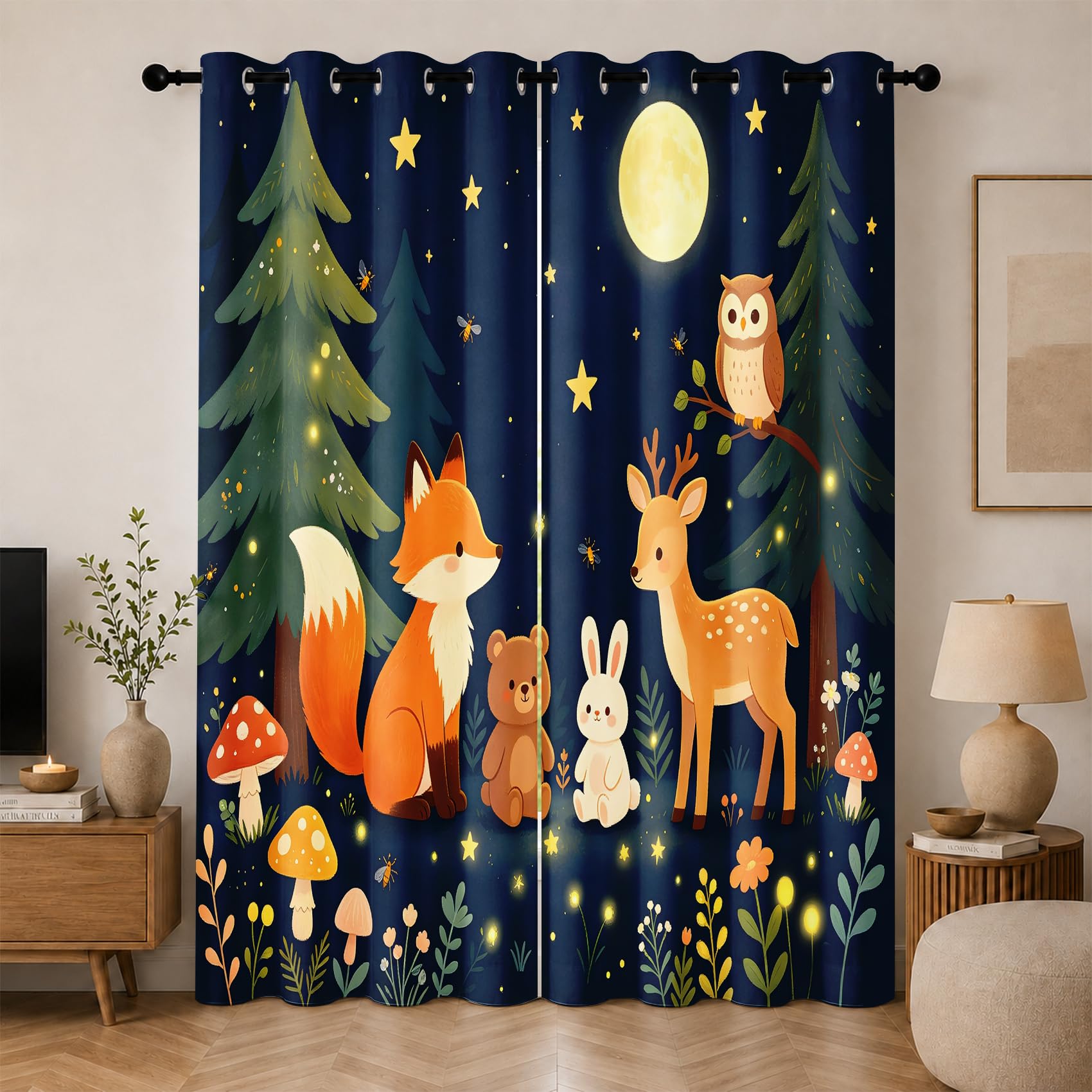 Generisch Cartoon Waldtiere Blickdichte Vorhänge mit Ösen 2 Stücke | Nacht Wald Wildtiere Thermovorhang Verdunkelung, Deko Gardinen für Schlafzimmer Wohnzimmer Kinderzimmer 214 x 132 (HxB)
