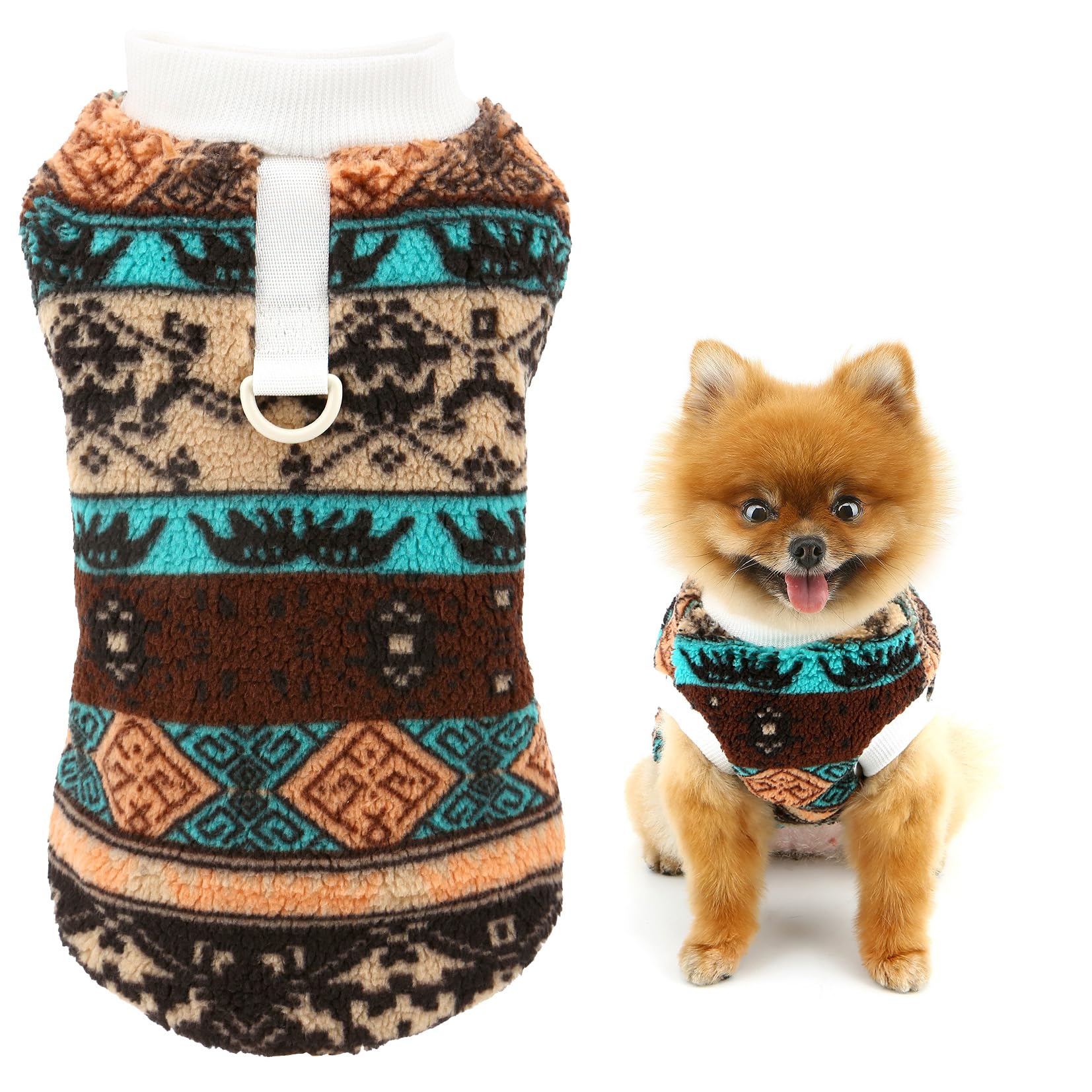 SMALLLEE_LUCKY_STORE Fleece Dog Jumper for Small Dog Fair Isle Pet Sweatshirt with D-ring Sleeveless Puppy Pullover Warm Winter Autumn Vest Chihuahua Yorkie Clothes, Orange, L