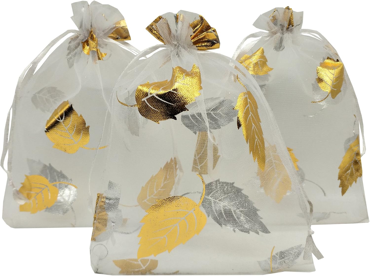 Ankirol 100pcs Sheer Organza Favor Bags 5x7 inch Wedding Baby Shower Drawstring Pouches (white gold leaf) image 2