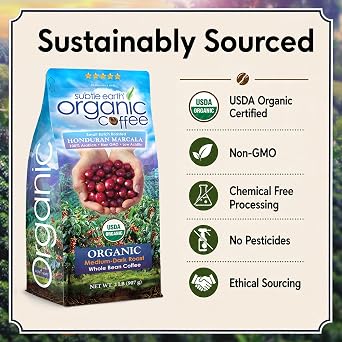 2LB Subtle Earth Organic Coffee - Medium-Dark Roast - Whole Bean Coffee - 100% Arabica Beans - Low Acidity and Non-GMO - 2lb bag