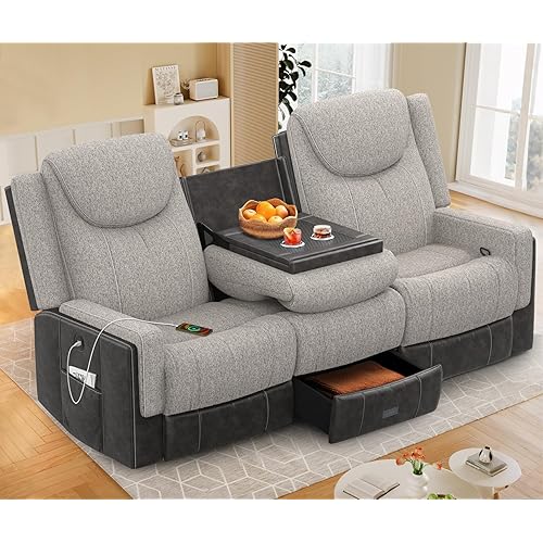 Manual Reclining Sofa, Flip Middle Backrest 2-in-1 Couch with Large Storage Drawer, USB Ports & Cup Holders, Grey Linen & Chocolate Leather Living Room Loveseat Recliner Sofa, Grey