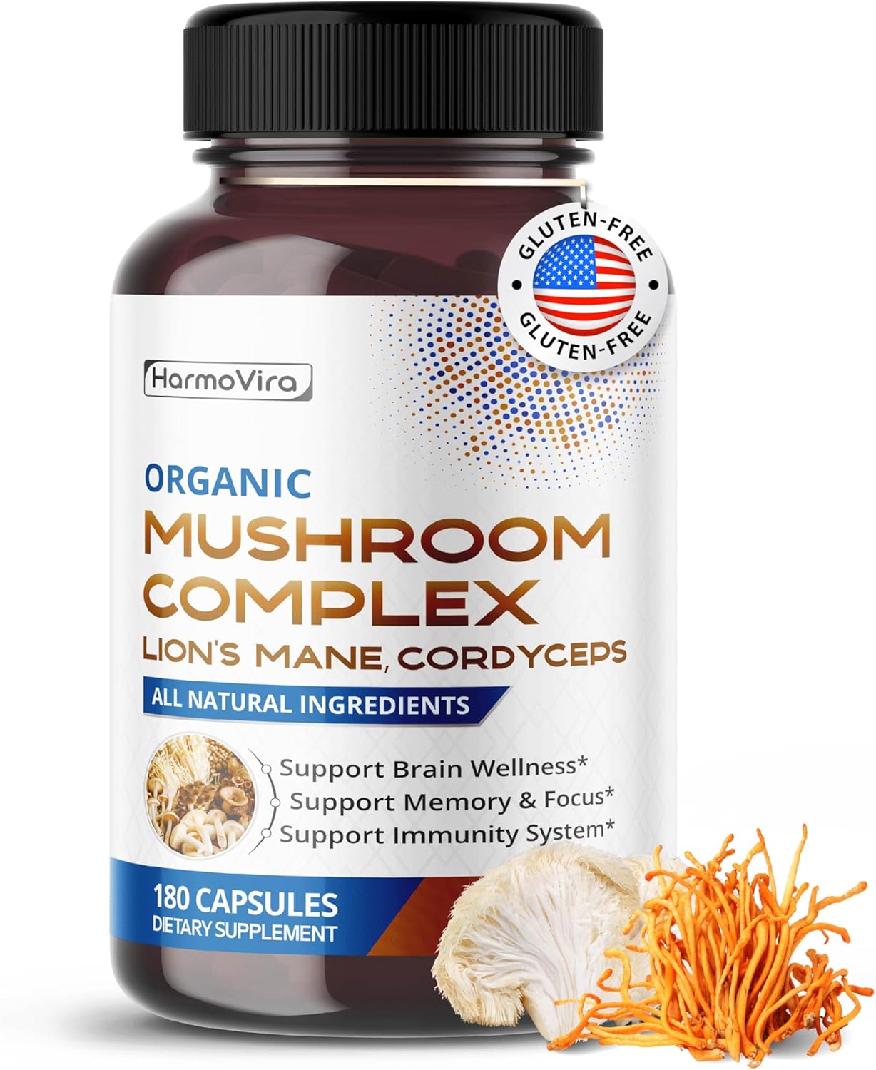 Organic Mushroom Complex with Lion’s Mane, Cordyceps & Turkey Tail – Brain, Memory & Immune Support – 180 Capsules (6-Month Supply)