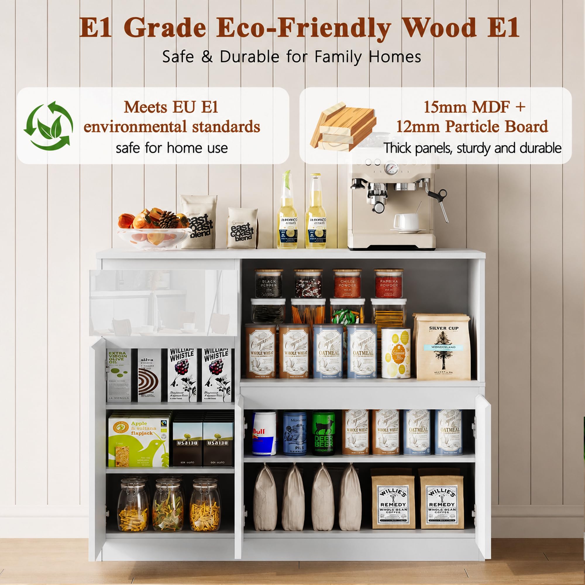 Küchenschrank mit Arbeitsplatte, Vielseitiger Großer Stauraum Sideboard, Buffetschrank, Aufbewahrungsschrank mit Hochglanztüren, verstellbarem Fach für Küche, Esszimmer und Wohnzimmer