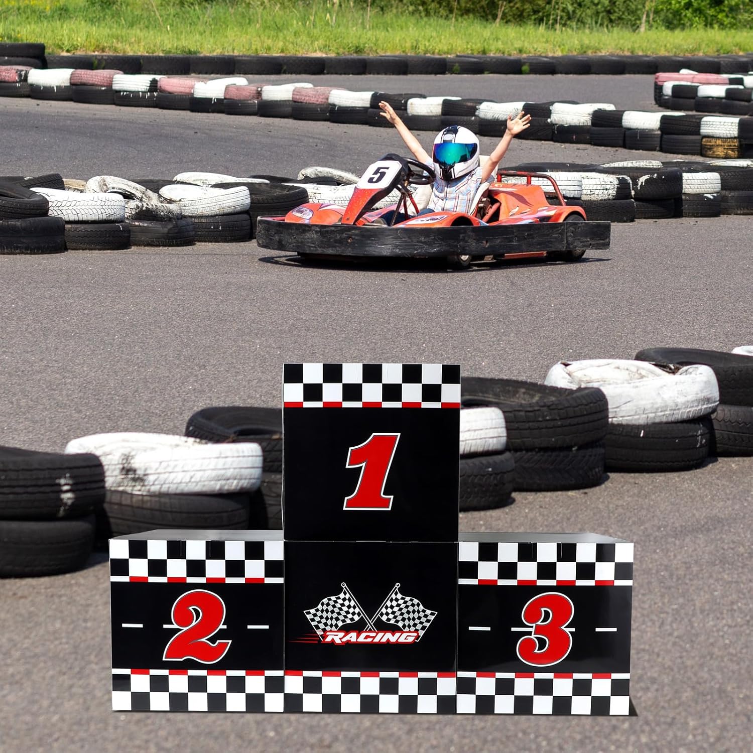 4 Pcs Large Racing Car Birthday Party Decorations Race Car Boxes Black White Checkered Cardboard Goodie Boxes Podium Treat Boxes Centerpiece 11.8 Inch for Car Baby Shower Party Supplies Outdoor Decor