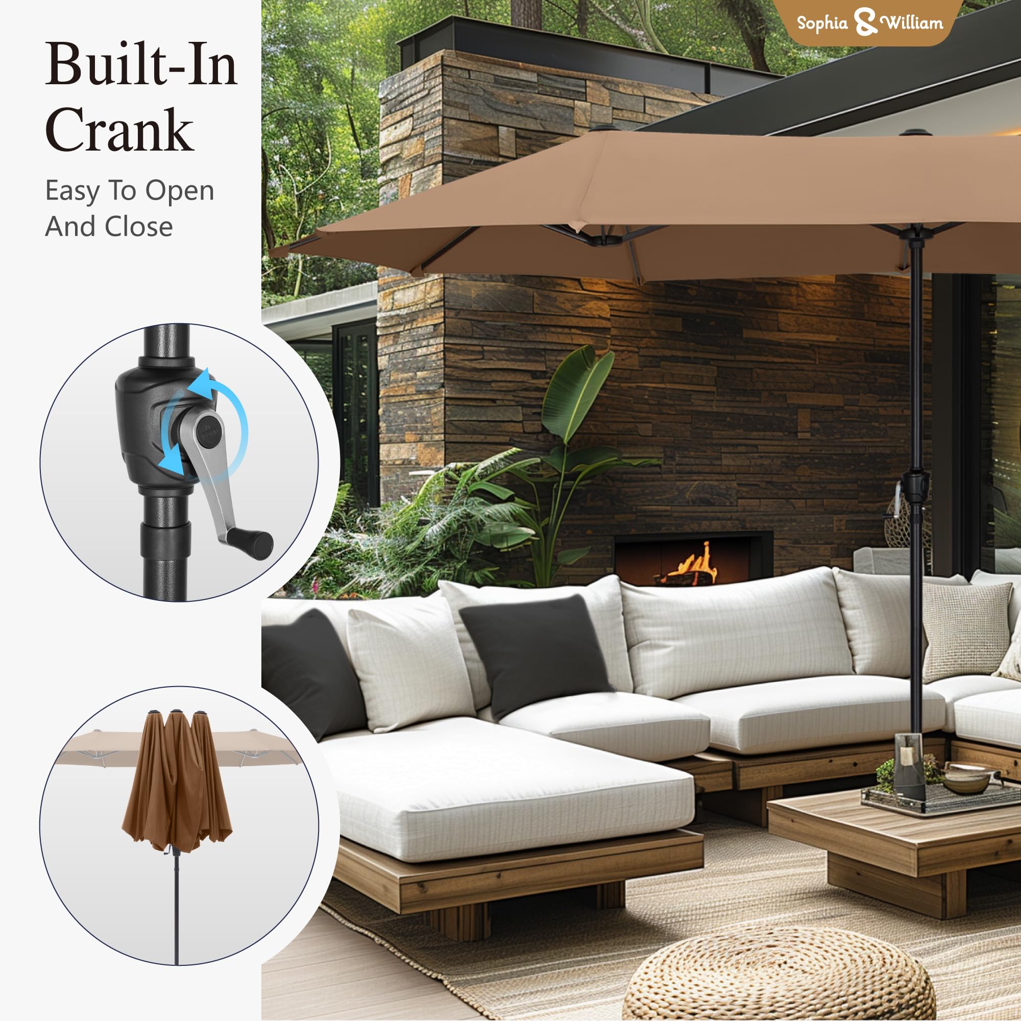 Sophia & William 13ft Large Patio Umbrella with Crank Lift, Outdoor Double-sided Market Umbrella for Balcony, Deck, Pool, Maillard Brown