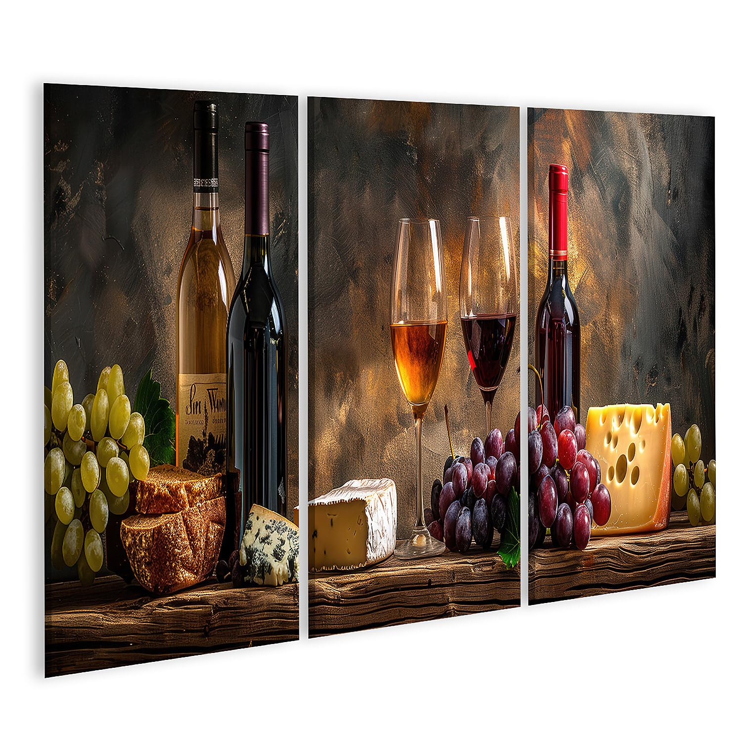islandburner Primer cuadro sobre lienzo bodegón rústico con botellas de vino vasos uvas queso pan sobre mesa de madera cuadros cuadros murales póster