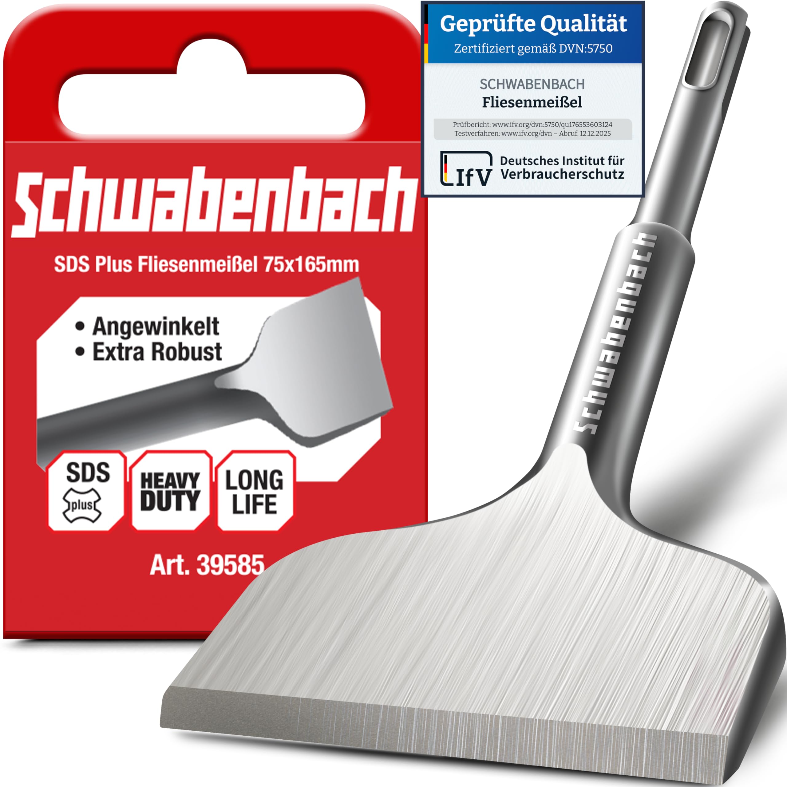SCHWABENBACH® Cincel para Azulejos SDS PLUS 75 x 165mm – Acodado 30° para Retirar Baldosas y Revoque – Cincel Ancho de Acero CrV Extra Robusto compatible con Bosch, Makita, Hilti, Einhell