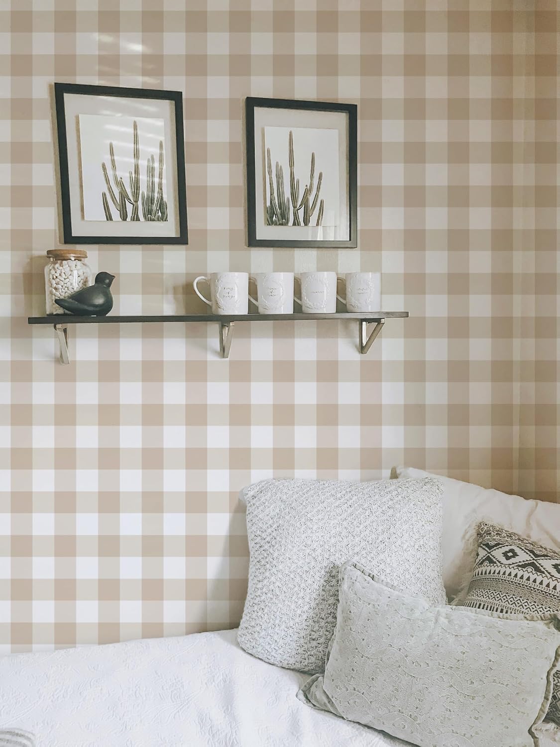 RollsRolla Plaid and Gingham Peel and Stick Wallpaper - Cream Beige and Brown Checkered Pattern - Farmhouse French Style Removable Wallpaper for Bedroom and Girls/Boys Room