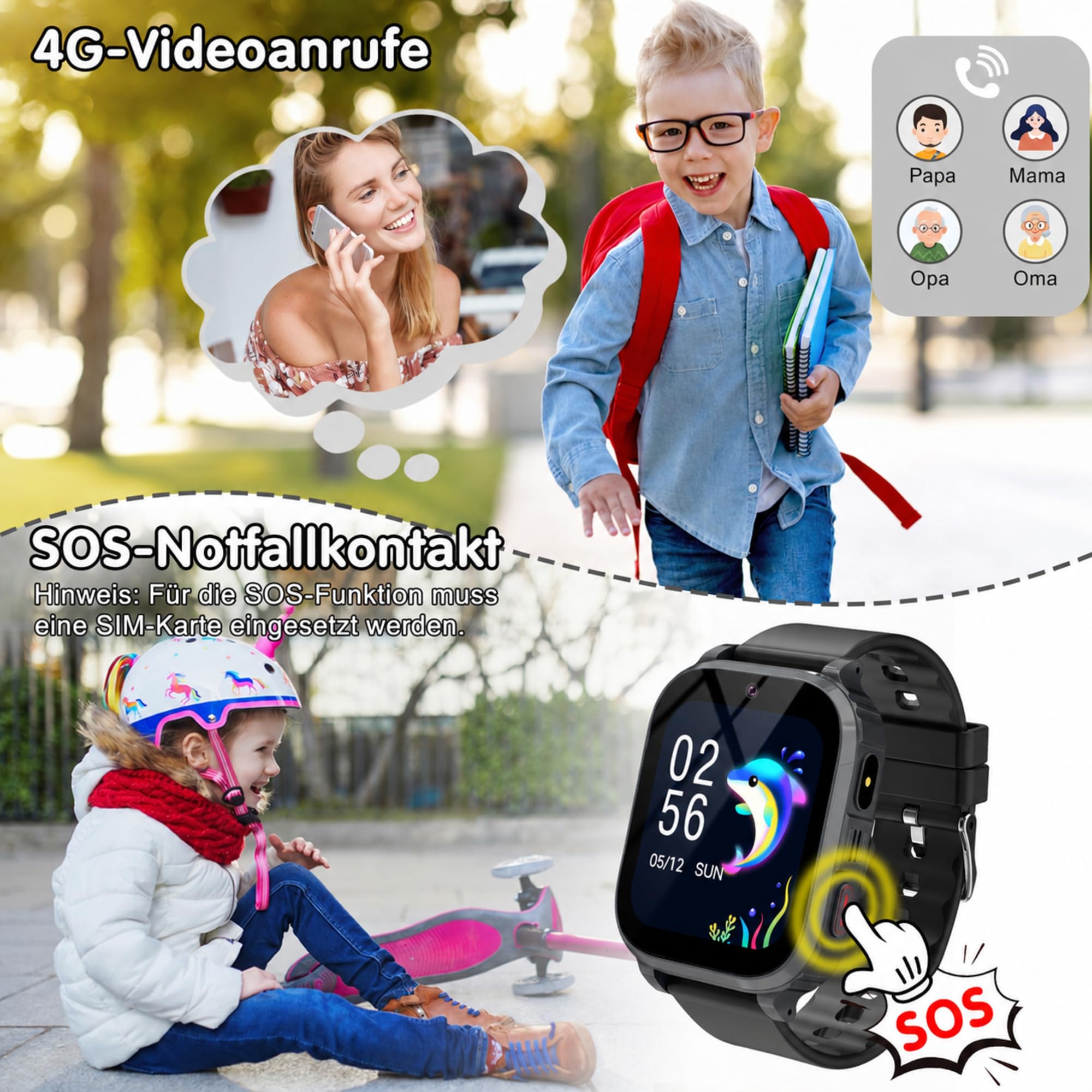 Smartwatch Kinder GPS, SOS, 4G Videoanruf, Schulmodus, WiFi Ortung, IP68 (Schwarz GPS)