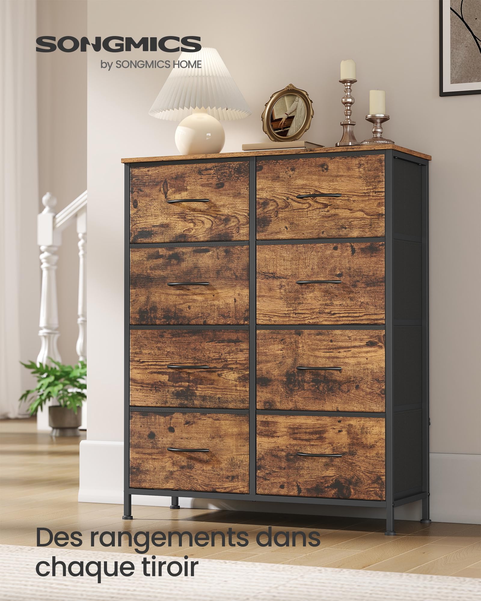 SONGMICS BELLAH Collection - Commode, Meuble de Rangement pour Chambre, Couloir, Entrée, Salon, Cadre en Acier, 8 Tiroirs, Style Industriel, Marron Rustique et Noir d'encre LGS124BH04