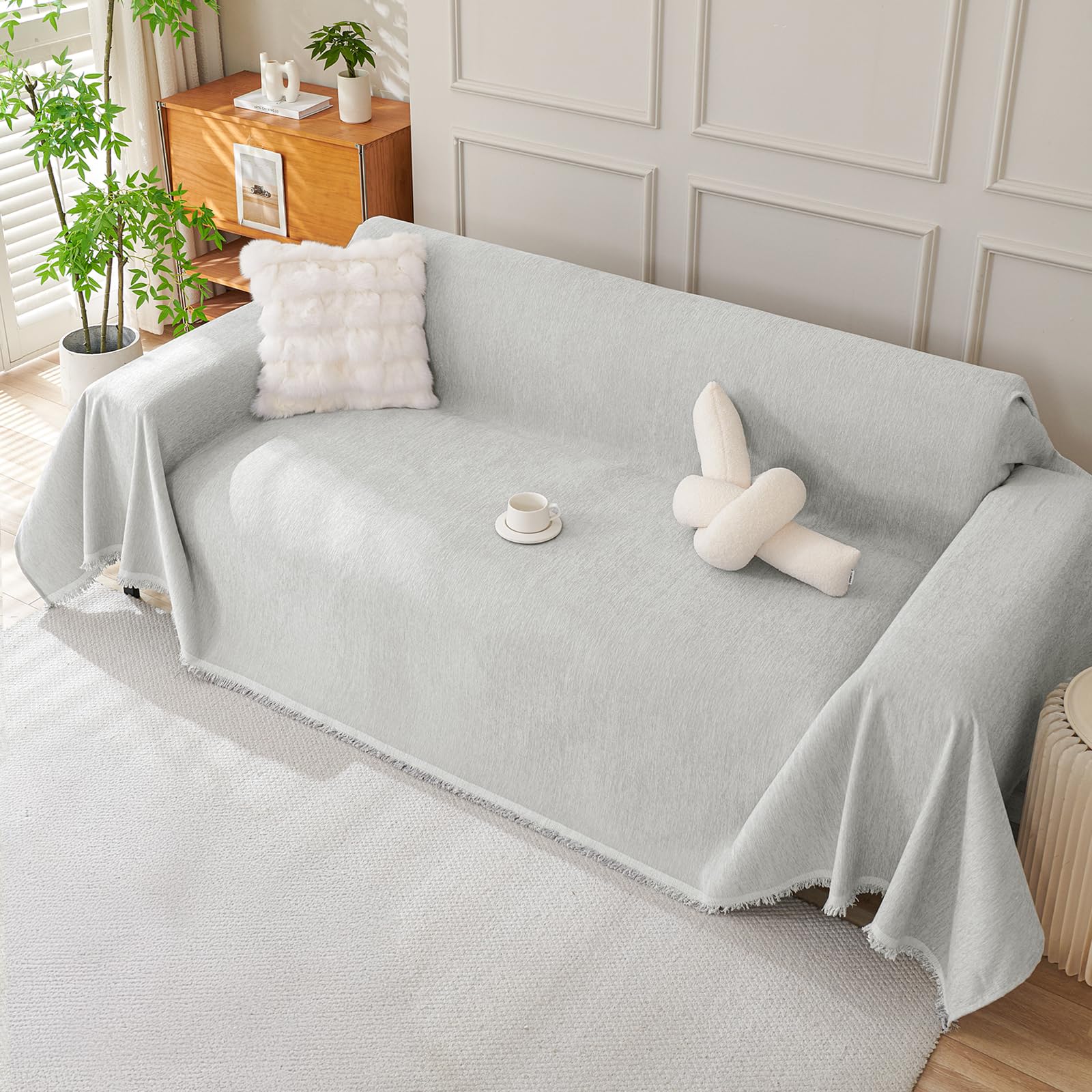 Royhom Sofa Überzug Chenille, Sofabezug L Form, Couch Überzug Ecksofa, Sofaüberwurf 2 Sitzer, Couch Überwurf mit Deko Quasten, Hellgrau Sofa Überwurf(Hellgrau, 180x260cm)