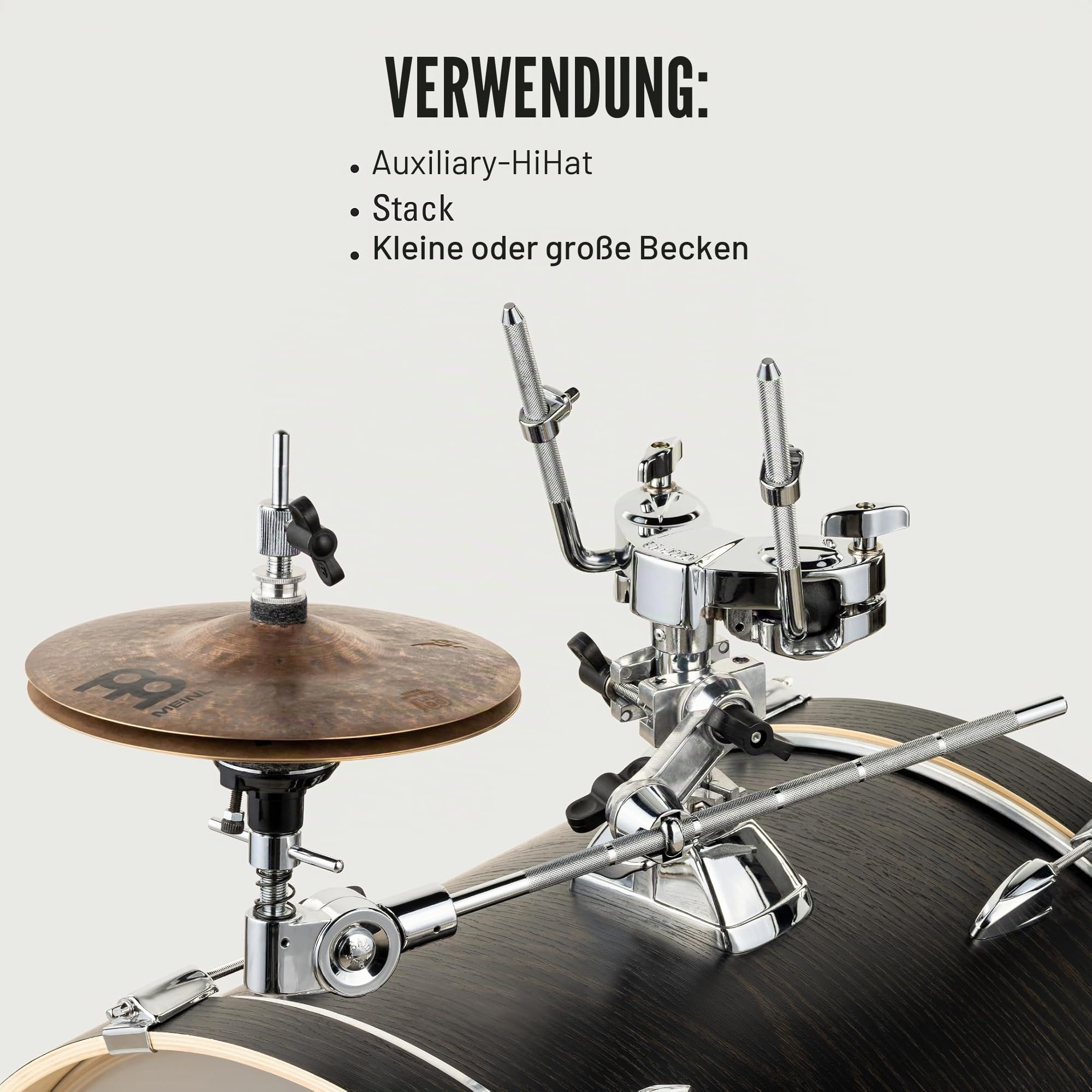 Meinl Cymbals X-Hat Hihat Halterung – mit Klammer für Beckenständer – inklusive Spannvorrichtung für Hihats und Becken Stacks – Schlagzeug Hardware Zubehör (MXH)