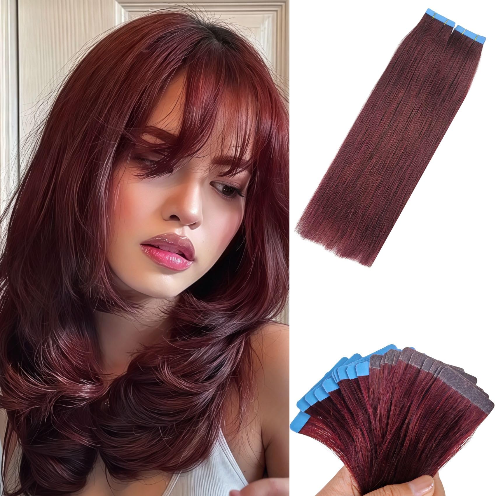 Burgundy Tape in Hair Extensions Human Hair Invisible Tape in Straight Human Hair Extensions for Women