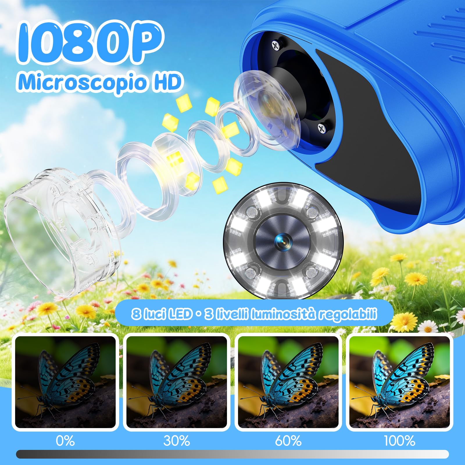 Microscopio Portatile per Bambini, Microscopio Digitale 1000x per Bambini con schermo IPS da 2,4 pollici, funzione fotografica e compatibilità con PC, Regalo Perfetto per Bambini (Blu)