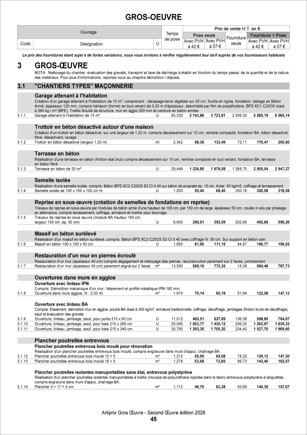 Artiprix 2026 - Bordereau de prix Gros Oeuvre & Second Oeuvre: Artisans & Entreprises du BTP chiffrez rapidement & précisément vos travaux en neuf et en rénovation