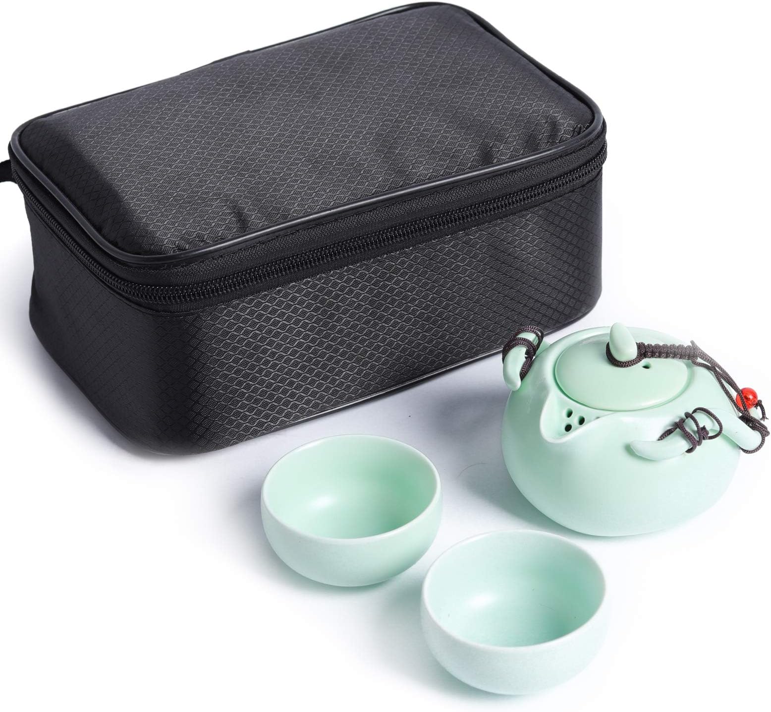 Portable Travel Tea Set - 100% Handmade Chinese/Japanese Vintage Kungfu Tea Set - Porcelain Teapot & Teacups with a Portable Travel Bag (Green)