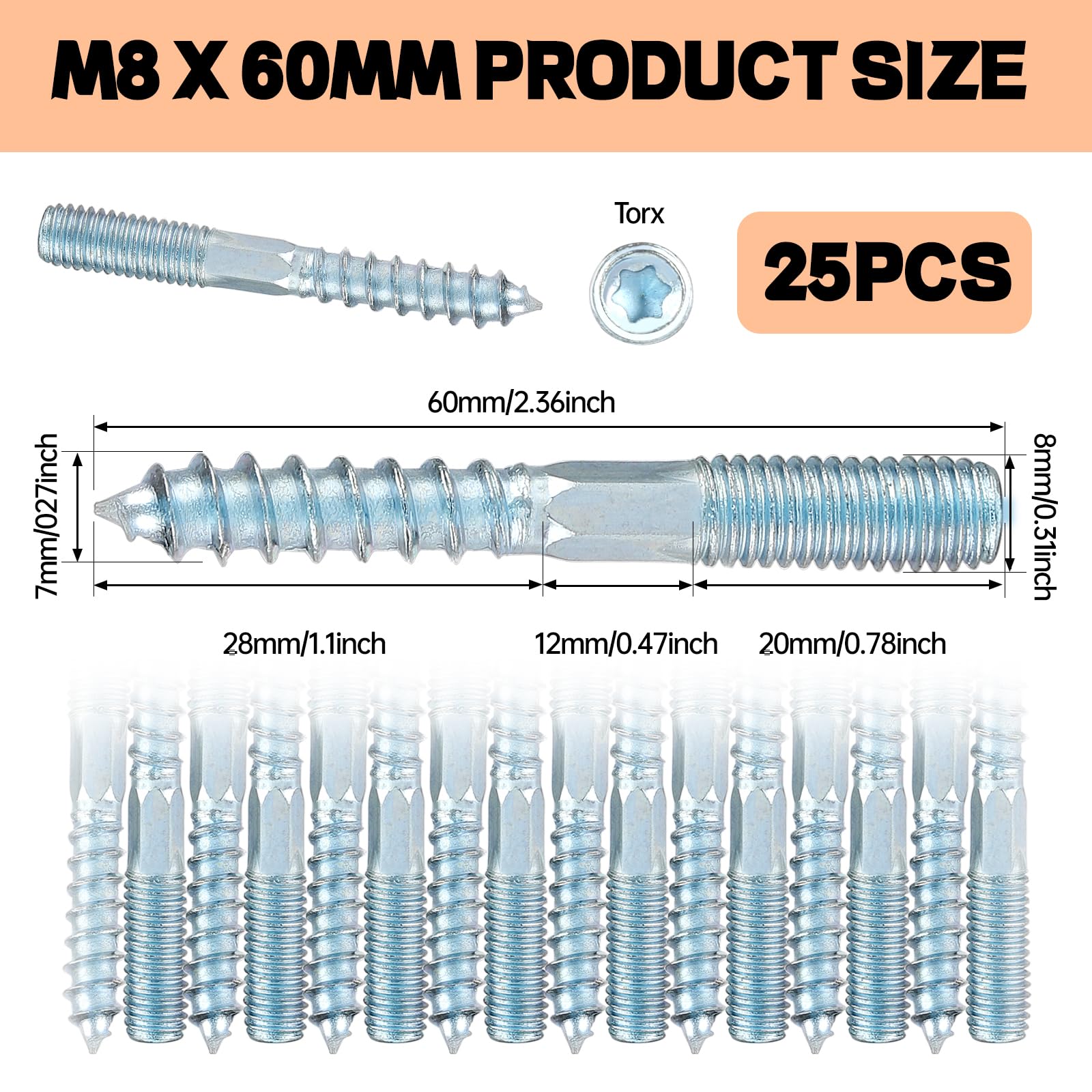 Pack of 25 hanger bolts M8, M8 x 60 mm Torx hanger bolts - Image 2