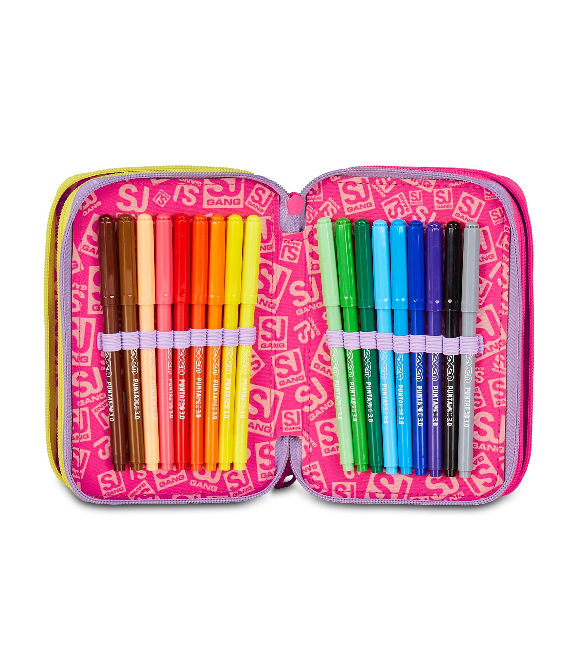 SJ GANG STYLE JAM GANG Astuccio Scuola 3 Zip Fable Journey, Rosa, Portapenne Triplo Scomparto Completo Di Penne, Matite, Colori, Accessori Zaino, Scuola Elementare, Bambina