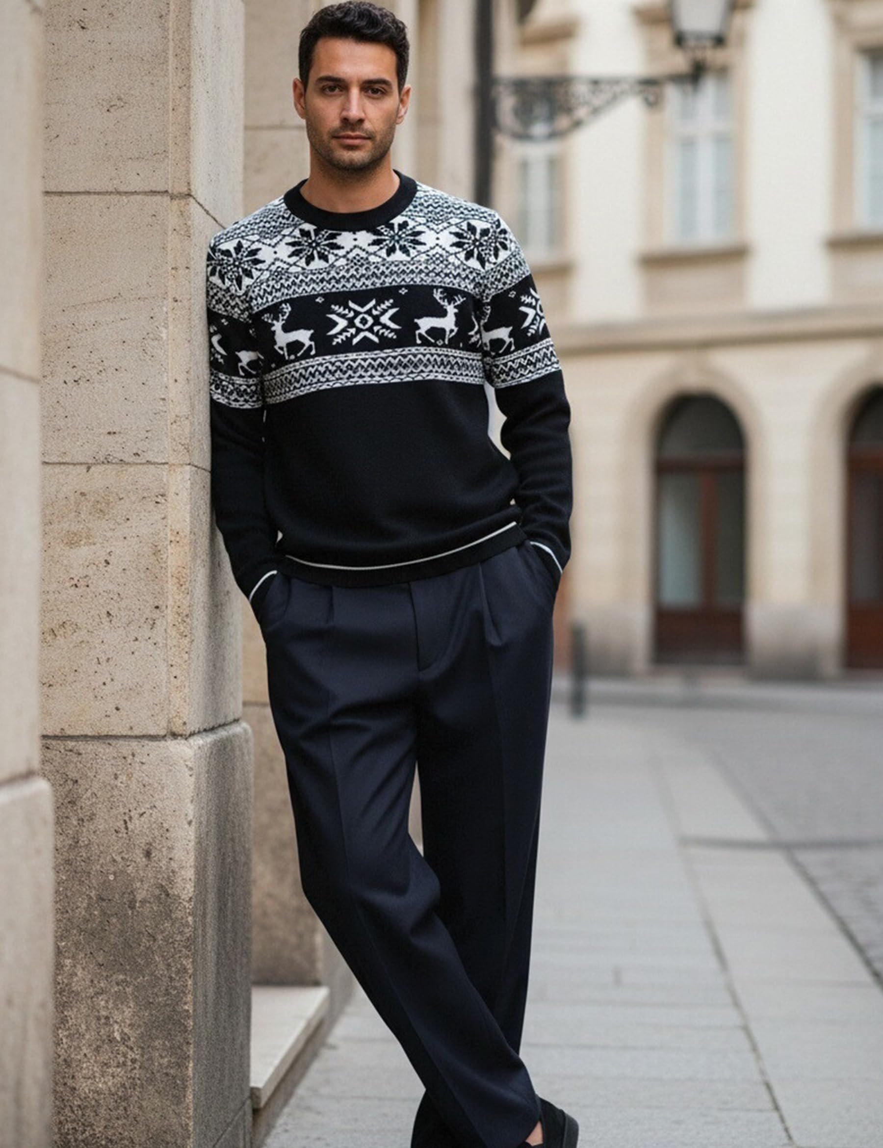 Pull de Noël Homme Col Rond Motif Renne | Motif renne et flocon, col rond et manches longues pour les fêtes, les soirées d’hiver et les cadeaux de Noël.