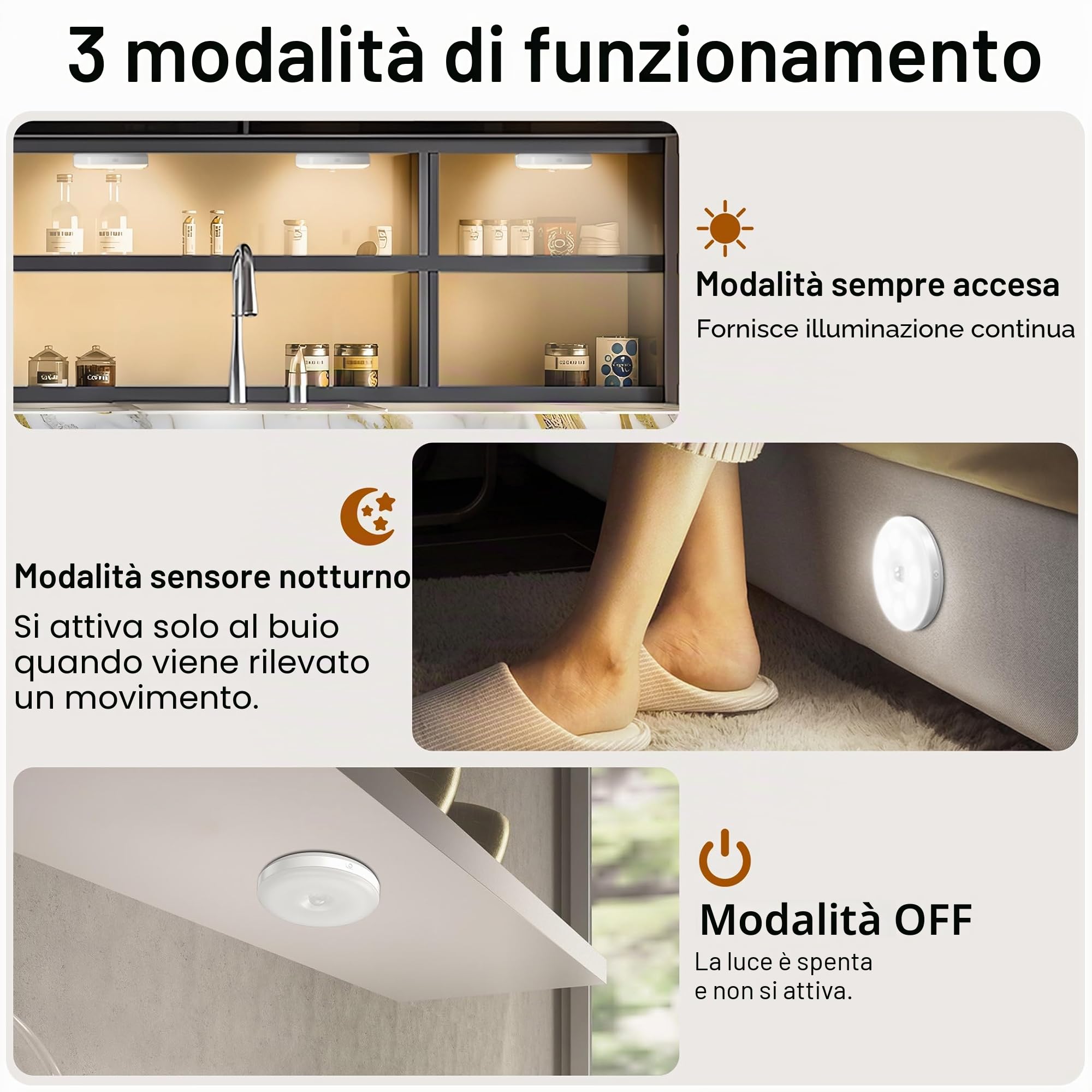 6 Luci Notturne con Sensore di Movimento, Luce LED Ricaricabile USB, Illuminazione per Armadio, 3 Modalità, Sensore di Movimento Interno per Illuminazione di Scale, Camera da Letto, Cucina, Cameretta