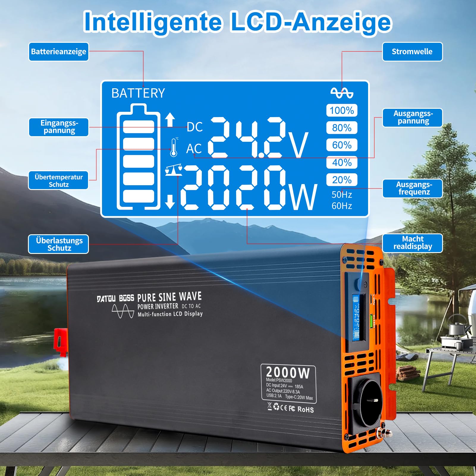 DATOUBOSS Wechselrichter 24V DC auf 230V AC Reiner Sinus 2000W/4000W, Spannungswandler 24V 230V LCD-Display und 1x USB + 1x Type-c Spannungswandler Reiner Sinus Inverter Pure Sine Wave