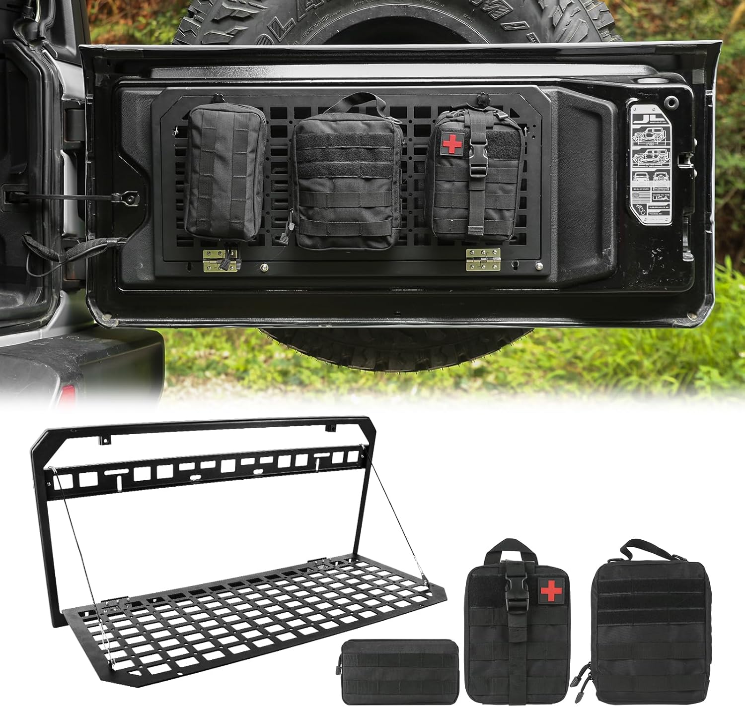 Tailgate Table Rear Storage Cargo Rack Compatible with 2017-2024 Jeep Wrangler JKU &JL JLU Foldable Storage Shelf MOLLE Panel with 3 Storage Bags(Not fit with Low Speaker JK Models)