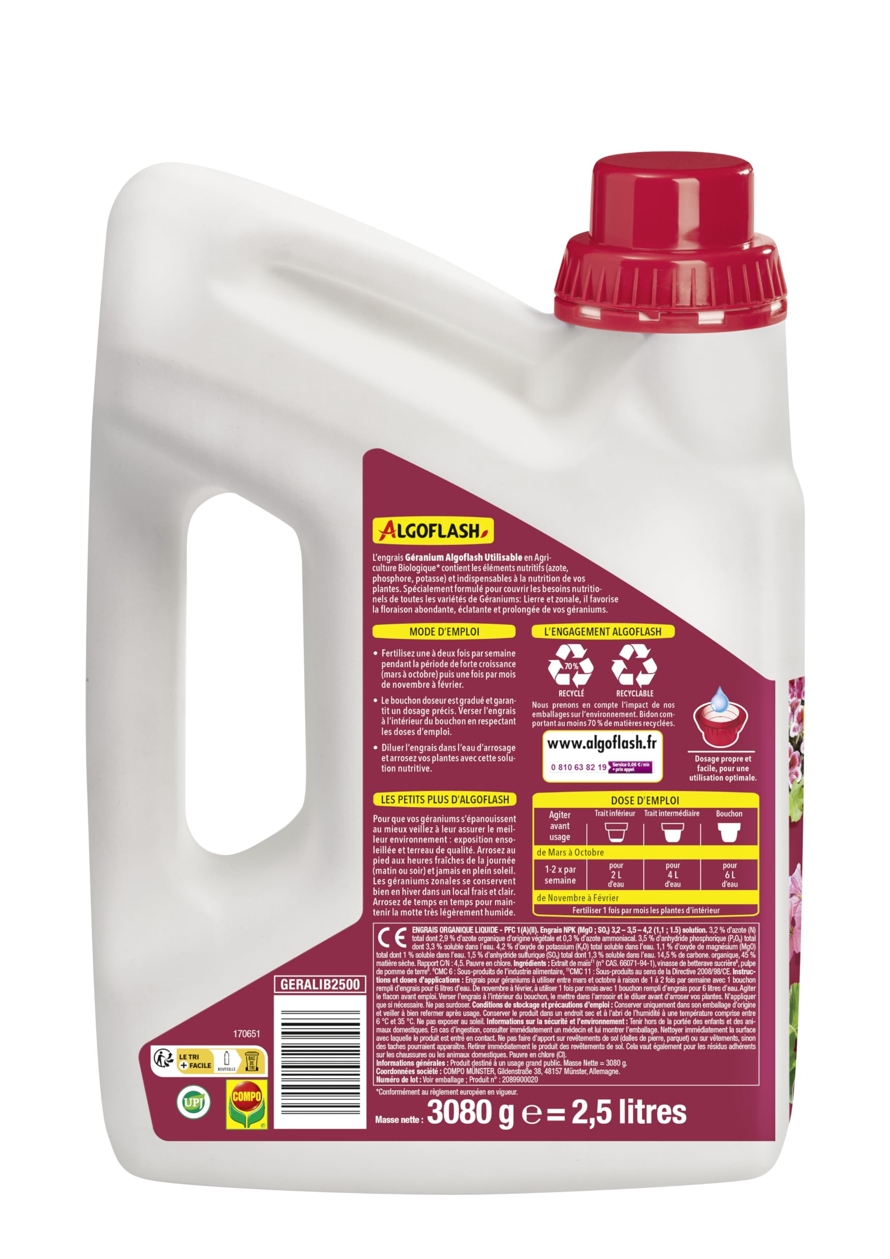 Algoflash Engrais Liquide Géraniums, Utilisable en Agriculture Biologique, Bouchon Doseur Inclus - 2,5 L