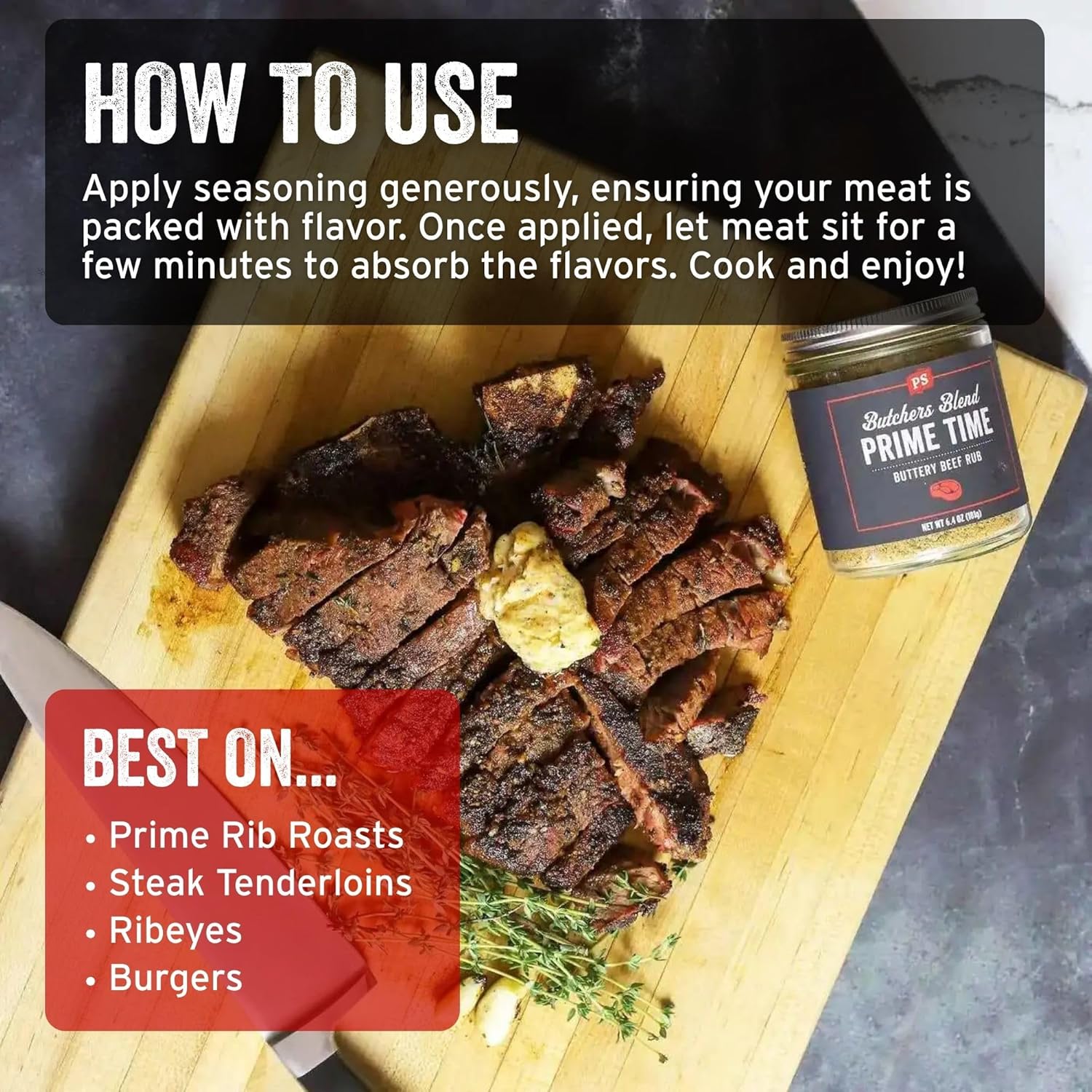 PS Seasoning Prime Time Butchers Blend - Buttery Garlic and Herb BBQ Seasoning & Beef Rub for Smoking, Grilling or Baking - Dry BBQ Rubs and Spices for Grilling Steaks, Pork, Chicken, Beef Prime Cuts - Image 4