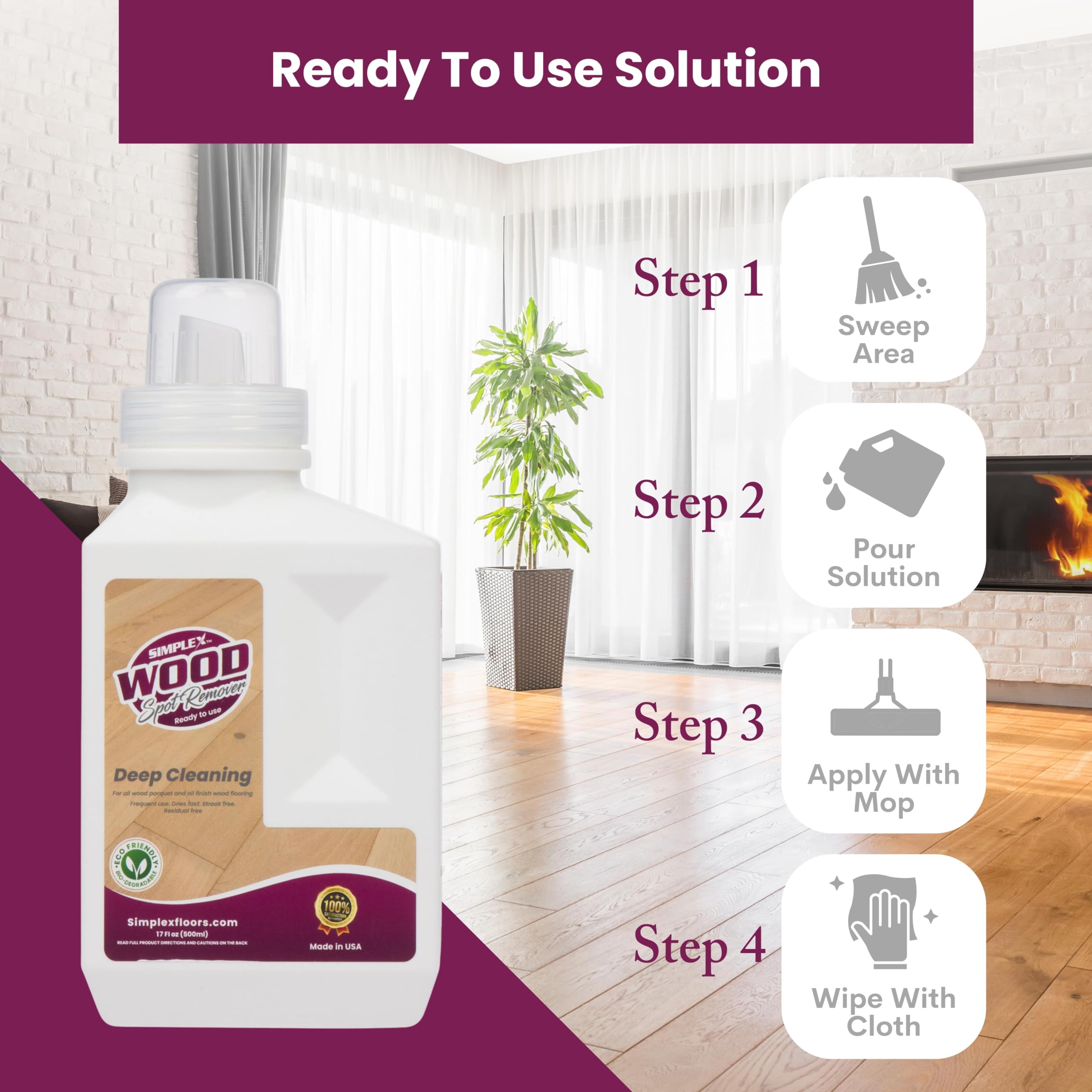 SIMPLEX FLOORS Streak Free Wood Flooring Deep Cleaning Spot Remover | Hardwood floors, Wood Parquets & Oil Finish Wood Flooring | Fragrance Free | Made in the USA | 17 fl.oz