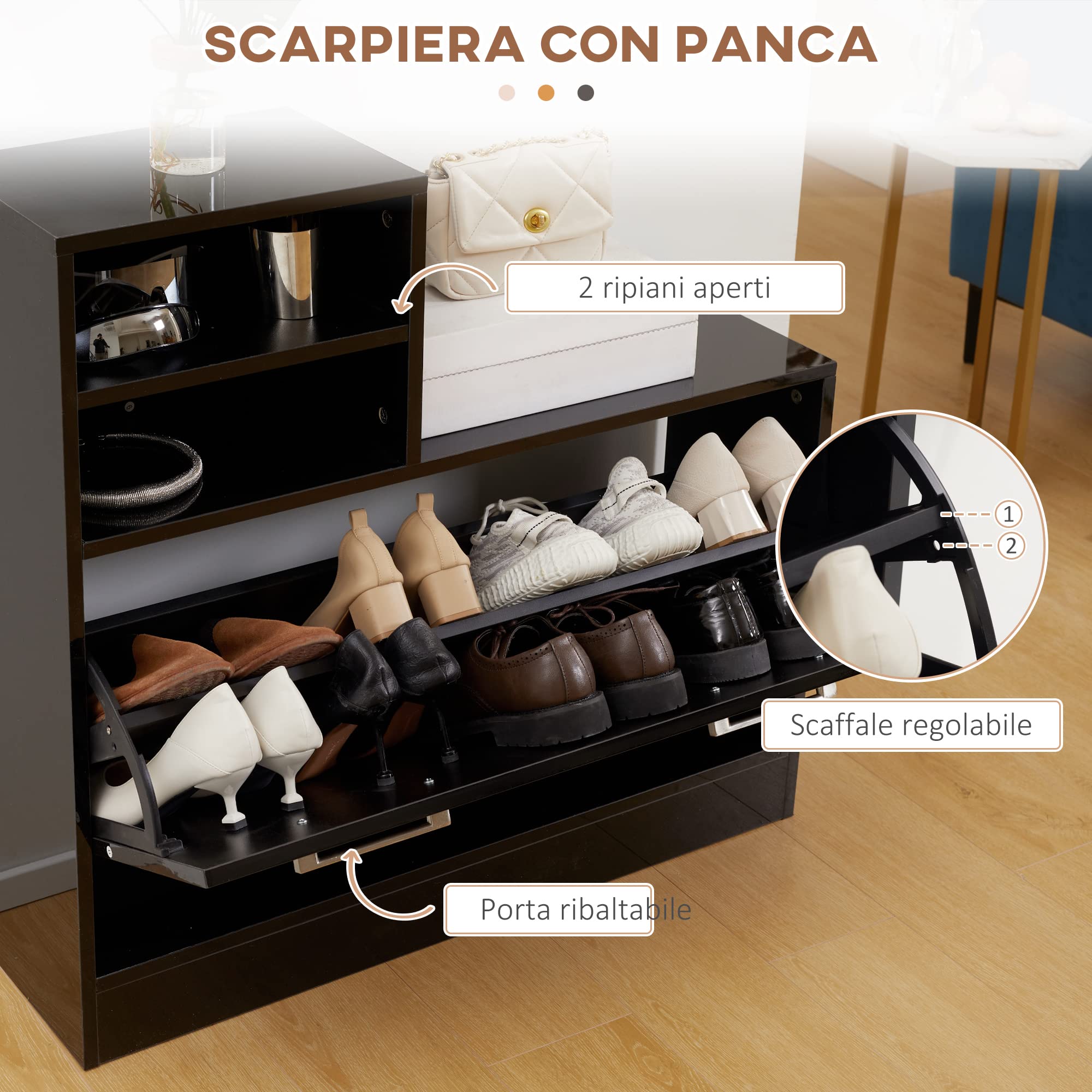 HOMCOM Set Appendi Abiti da Ingresso con Specchio e Scarpiera per 8 Paia di Scarpe, Legno Nero Lucido