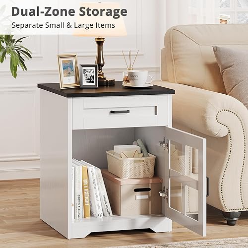 Miniatura 4 de Mesa auxiliar de granja de 18 pulgadas, mesa auxiliar estrecha para sofá con cajón y puerta de granero, mesita de noche de madera para sala de estar