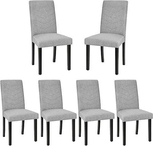 VECELO Juego de 6 sillas de comedor tapizadas, patas de madera de tela, respaldo alto para cocina, sala de estar, gris claro