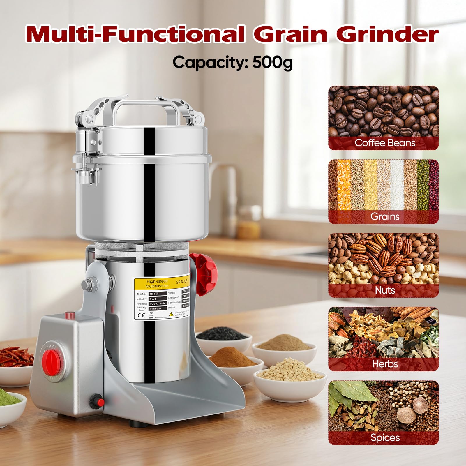 Molinillo de cereales portátil de 220 V, agitación para moler, polvo de harina de alta velocidad, para hierbas, especias, nueces, cereales con protección contra sobrecarga (500 g)
