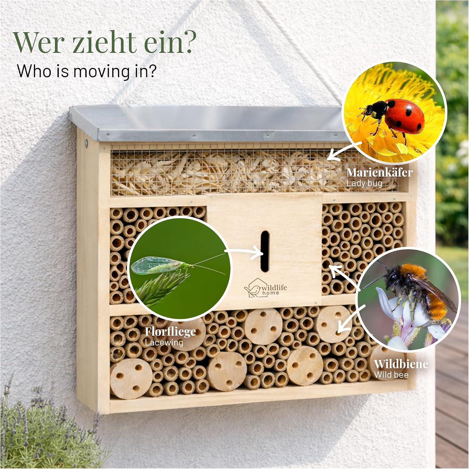 WILDLIFE HOME Bienenhotel отель для насекомых с металлической крышей необработанный улей из массива дерева для пчел божьих коровок и золотистых ос домик для насекомых помощь в гнездовании отель для подвешивания