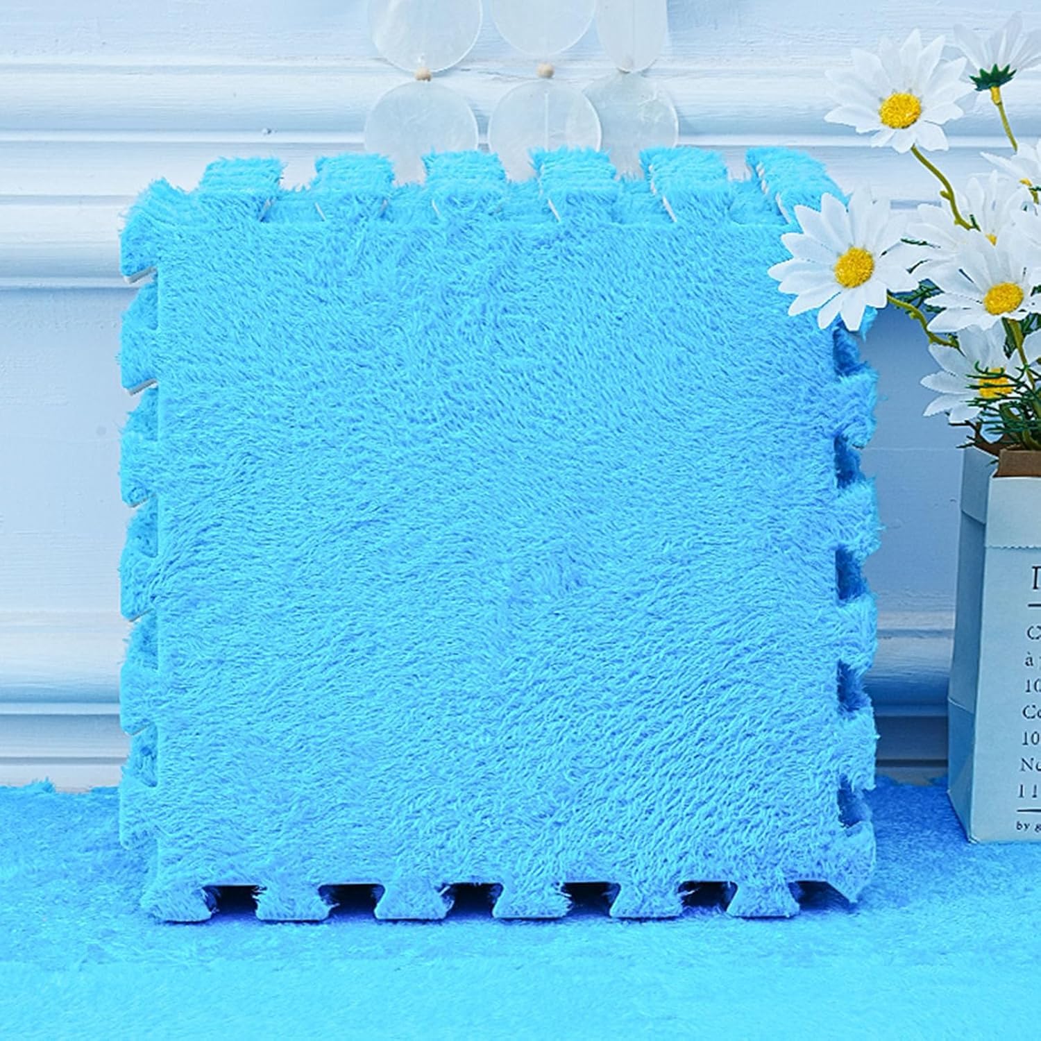 LoiYtrd Plush Interlocking Carpet Tiles - Fluffy Puzzle Foam Floor Mat - 10pcs 12x12in Foam Floor Tiles Soft Playmat(Blue,30x30x1cm)