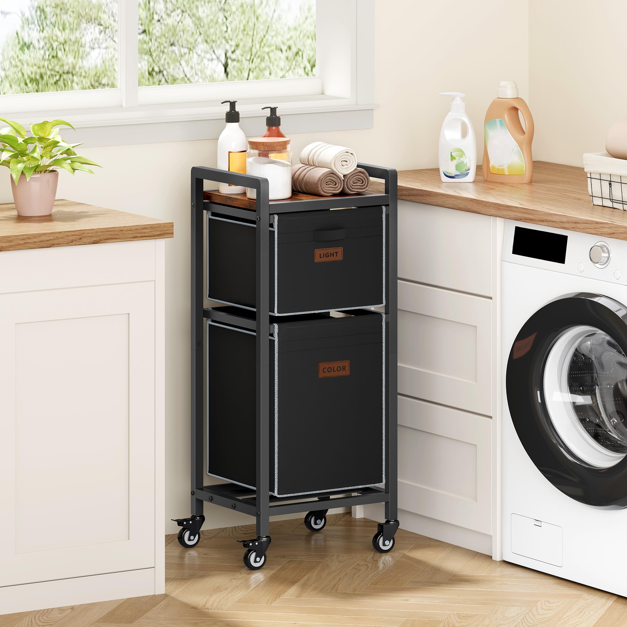 FAVOOSTY Cesto para Ropa Sucia, 2 Compartimentos, 70L, Cesta de Colada con Tablero Superior y Ruedas, Marco Metálico, Cesto Colada para Dormitorio, Baño, Dormitorio, Lavandería, Negro