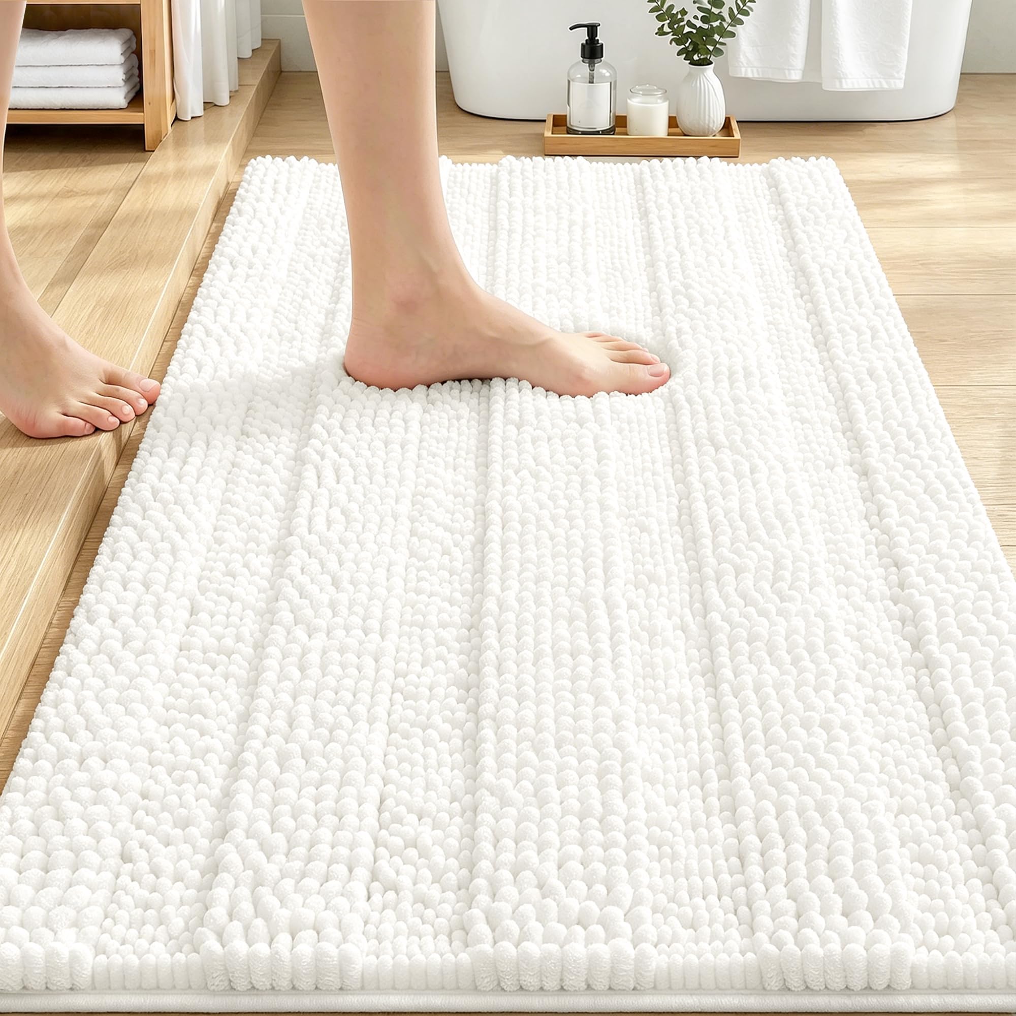 OLANLY Thick Bathroom Rugs 30x20, Soft Chenille Striped Bath Rugs, Ivory