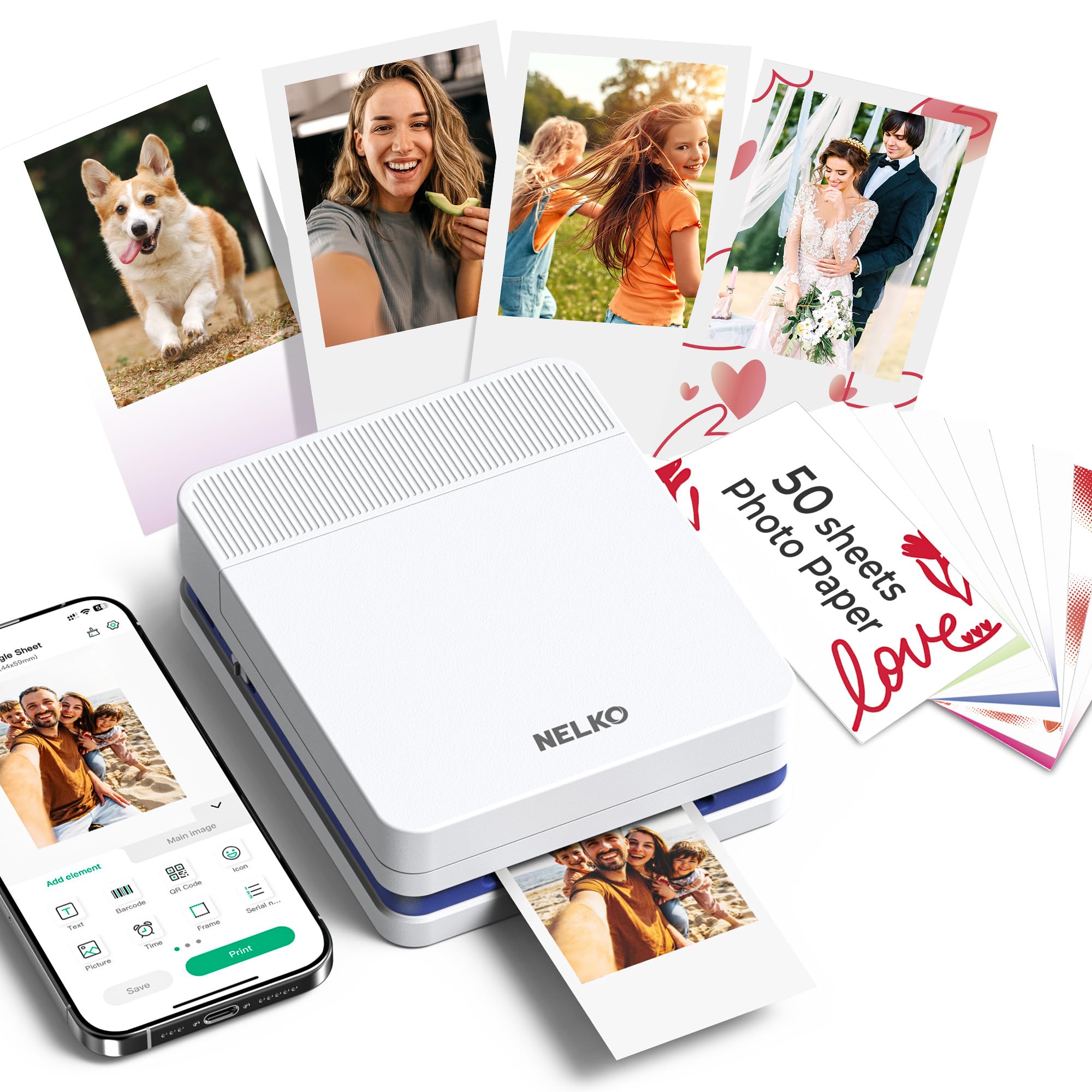 Nelko Portable Photo Printer, PP03 Color Mini Photo Printer for iPhone & Android, with 50 Sheets of Photo Paper, Bluetooth Picture Printer for Christmas, Family, Travel, White - 1