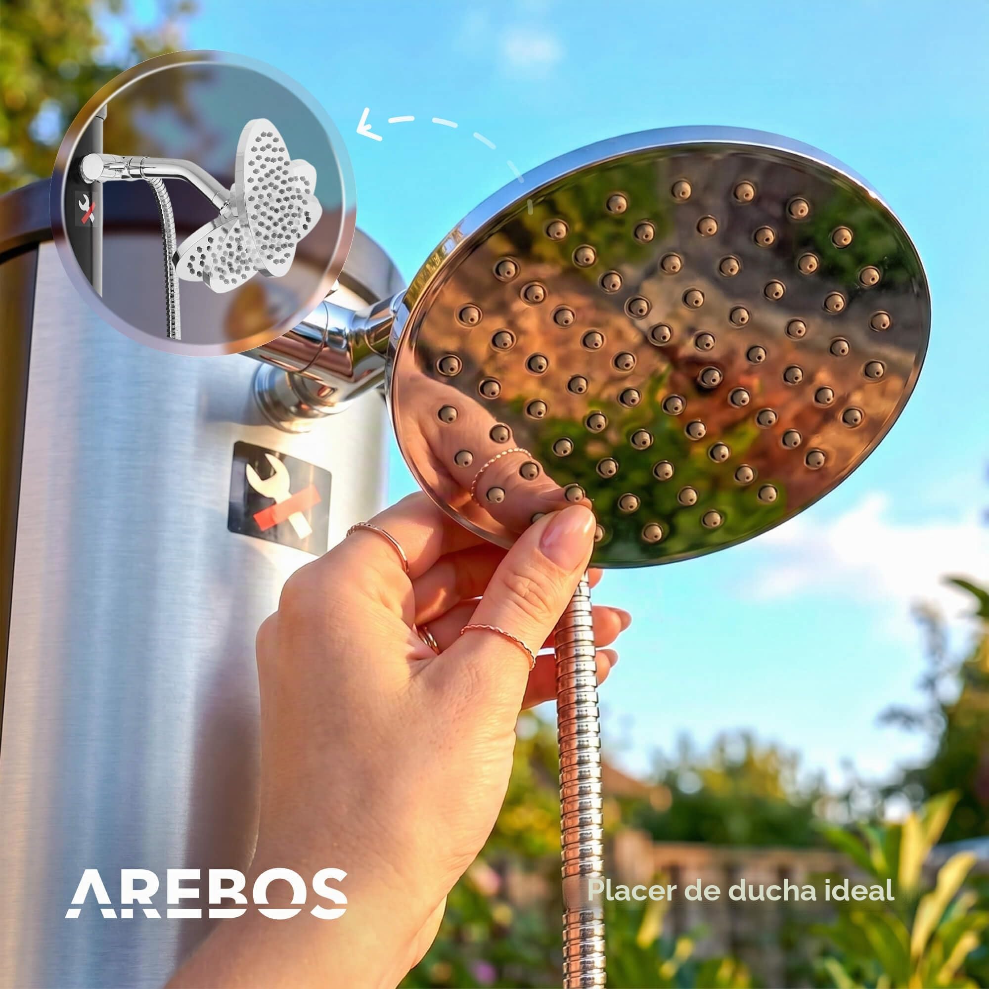 Arebos Ducha Solar de 40 L, con termómetro Integrado, Ducha de Mano, Cabezal de Ducha Giratorio, con Ducha de pies y conexión de Manguera de jardín, Incluye Material de Montaje y Cubierta