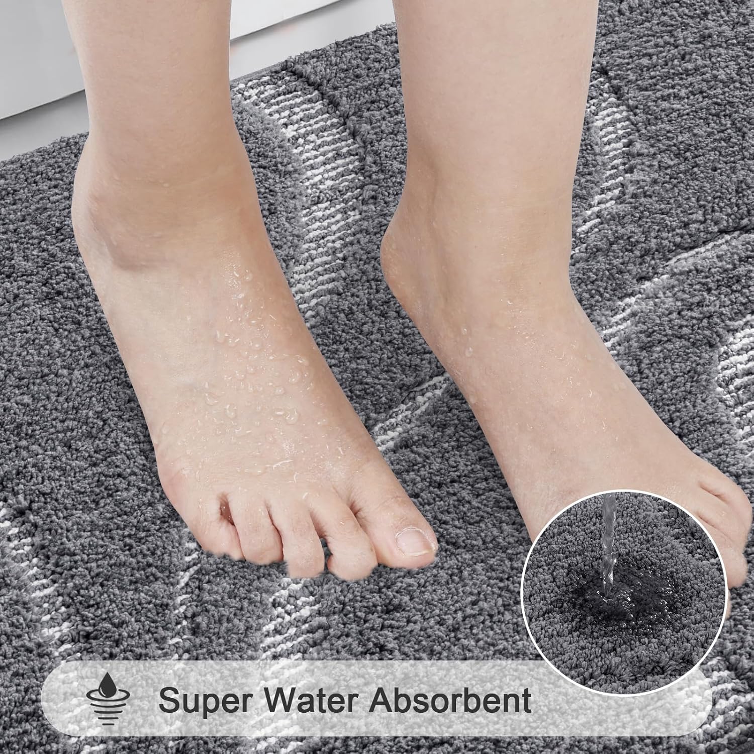 HEBE Bathroom Rugs Sets 5 Piece, Soft Absorbent Microfiber Bath Mat for Bathroom, Non Slip Washable Bath Rug Set with Toilet Cover, Bath Runner and U-Shaped Contour Toilet Rug, Stone Grey