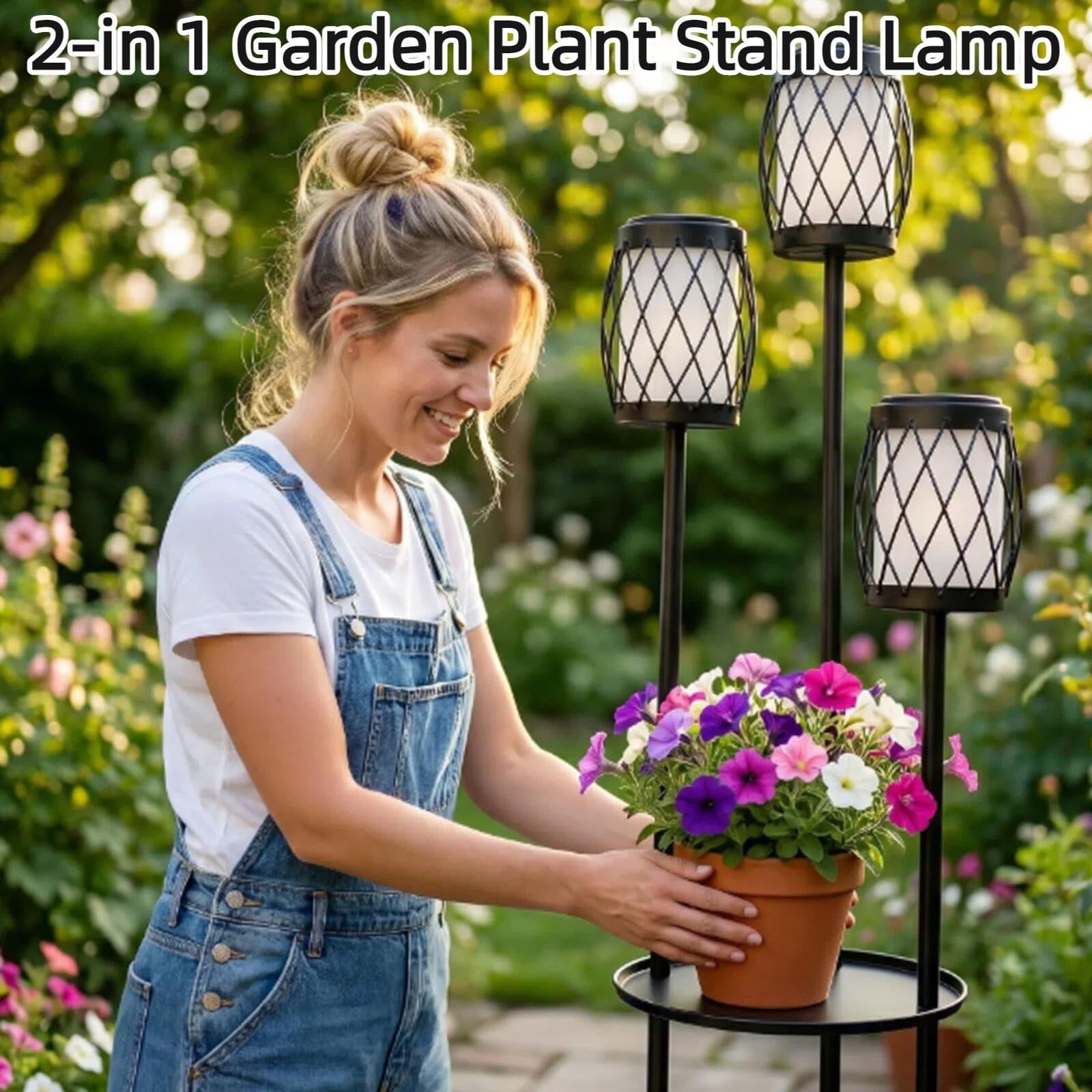 Lámpara solar de pie para exteriores, 3 cabezales, impermeable, de metal, poste con maceta y estantes, resistente al óxido, para todo tipo de clima, lámpara de pie para patio, terraza, jardín