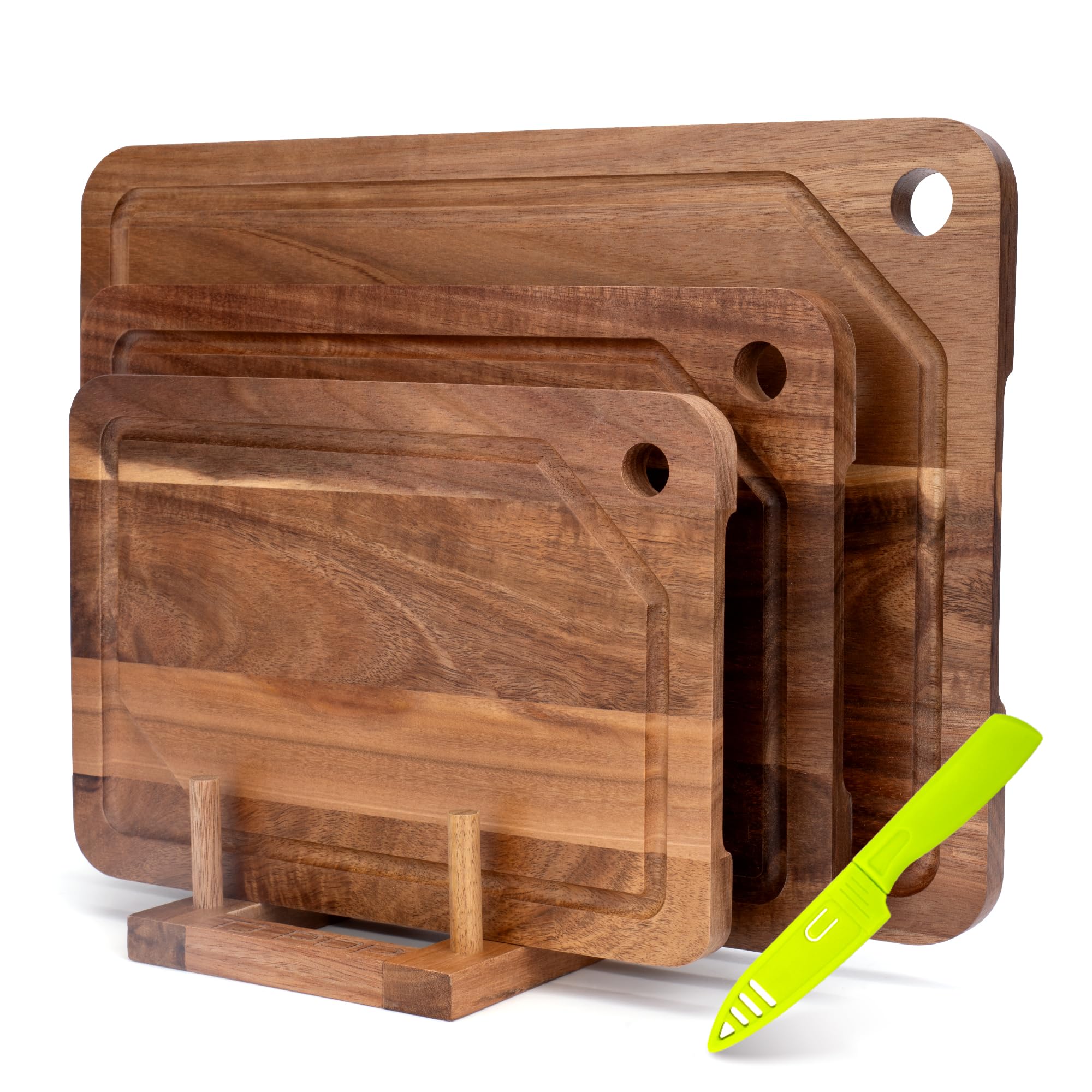 Acacia Wood Chopping Boards Set of 3 for Kitchen Double-Sided Wooden Cutting Boards with Hanging Hole and Juice Groove