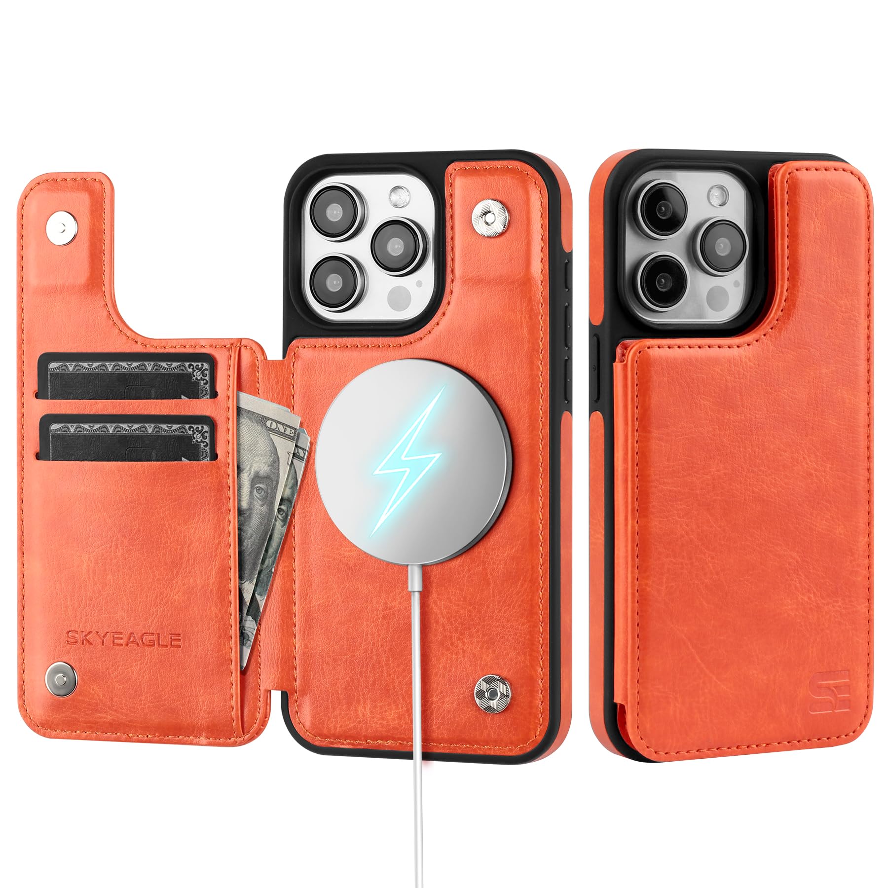SkyEagle for iPhone 12/12 Pro Wallet Case with Card Holder?Compatible with Magsafe? Women Men PU Leather Flip Folio Protective Cover Credit Slots with Kickstand Stand Apple 12,Orange