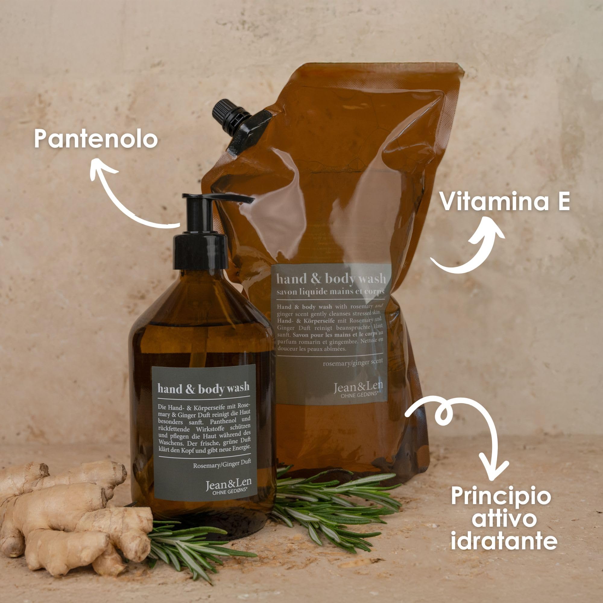 Jean & Len Hand & Body Wash Rosemary & Ginger, con ricarica, deterge e cura la pelle, senza parabeni e siliconi, flacone in vetro da 500 ml e ricarica da 1,5 L nel pratico set