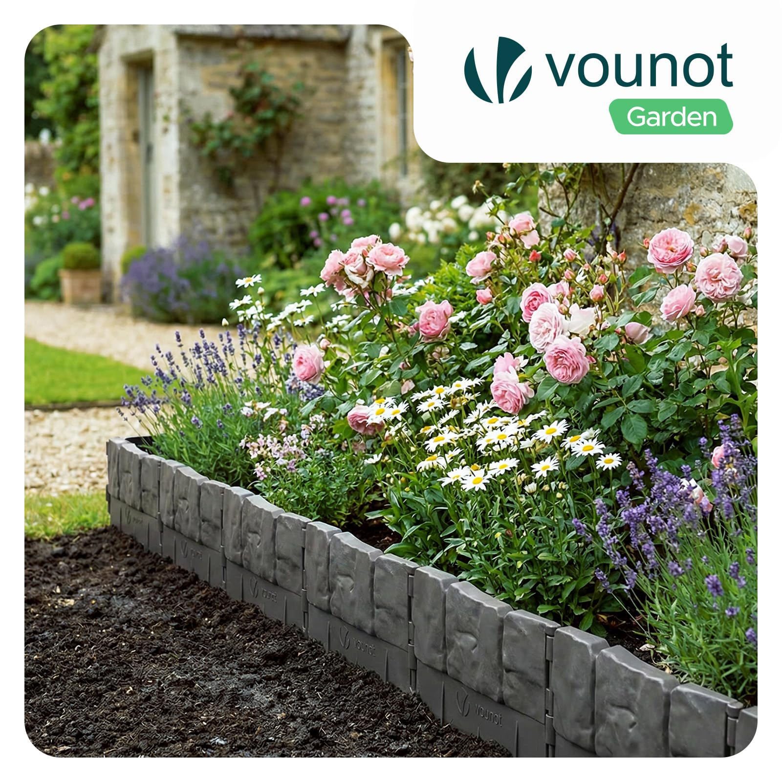 VOUNOT® Bordura per Aiuola Effetto Pietra 10,7m in Plastica Ultra Resistente, Senza Scavo, Bordo Giardino Decorativa Facile da Installare, per Vialetti, Aiuole e Prati, Set da 70 Pezzi, Grigio