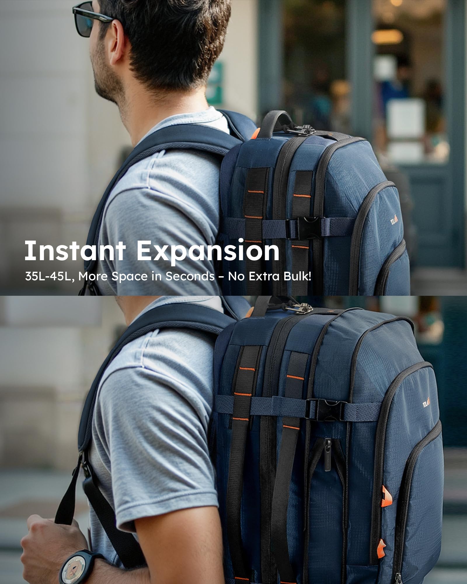 Tolaccea Reiserucksack, Handgepäck Flugzeug, TSA Freundlich Handgepäck Rucksack 35L-45L, Travel Backpack für 15,6 Zoll Laptop, Reise Rucksack für Weekender Trip (Dunkelblau)